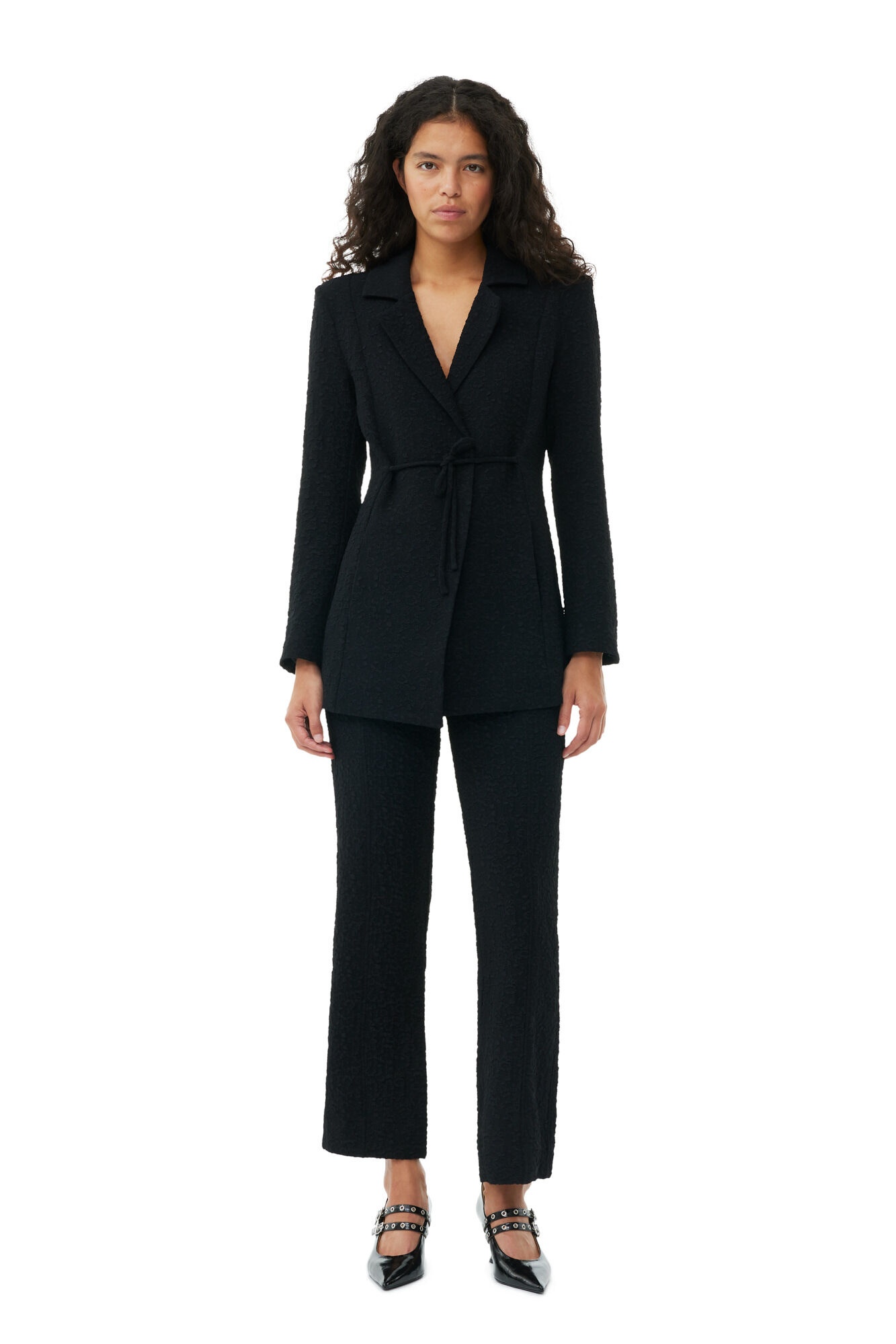 BLACK TEXTURED SUITING TIE STRING BLAZER - 4