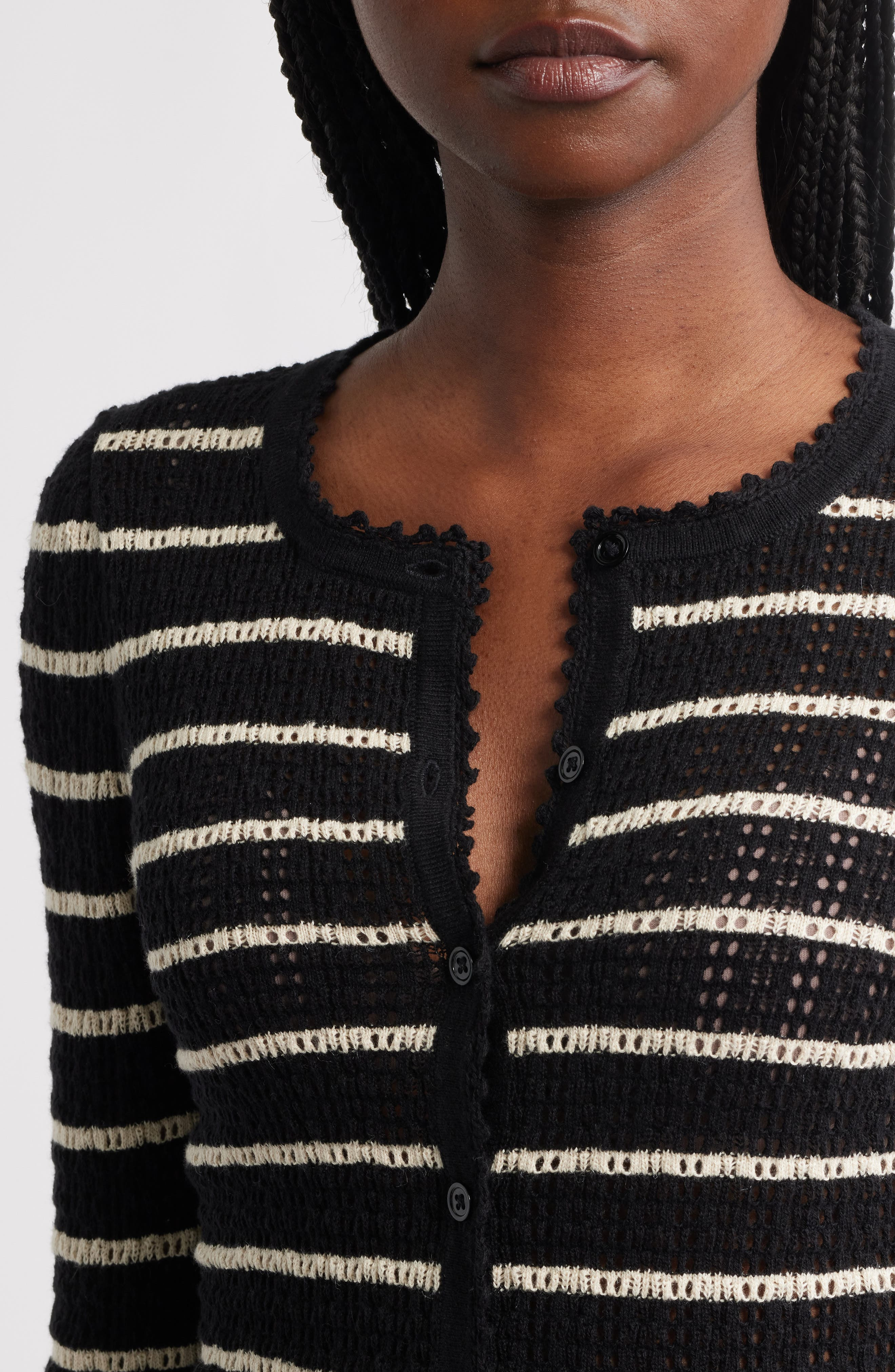 DÔEN Therese Stripe Open Knit Pima Cotton & Silk Cardigan in Noir Allaire Stripe at Nordstrom - 4