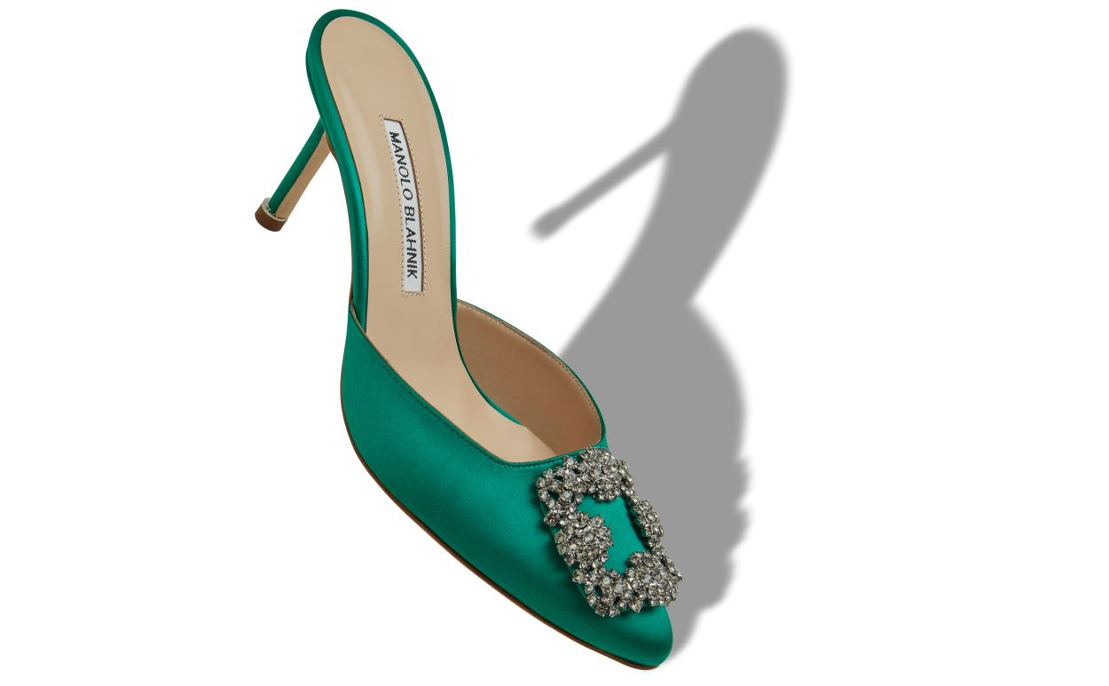 Green Satin Jewel Buckle Mules - 2