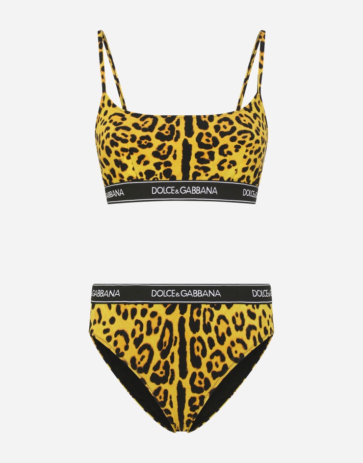 Neon leopard-print bikini with branded elastic - 1