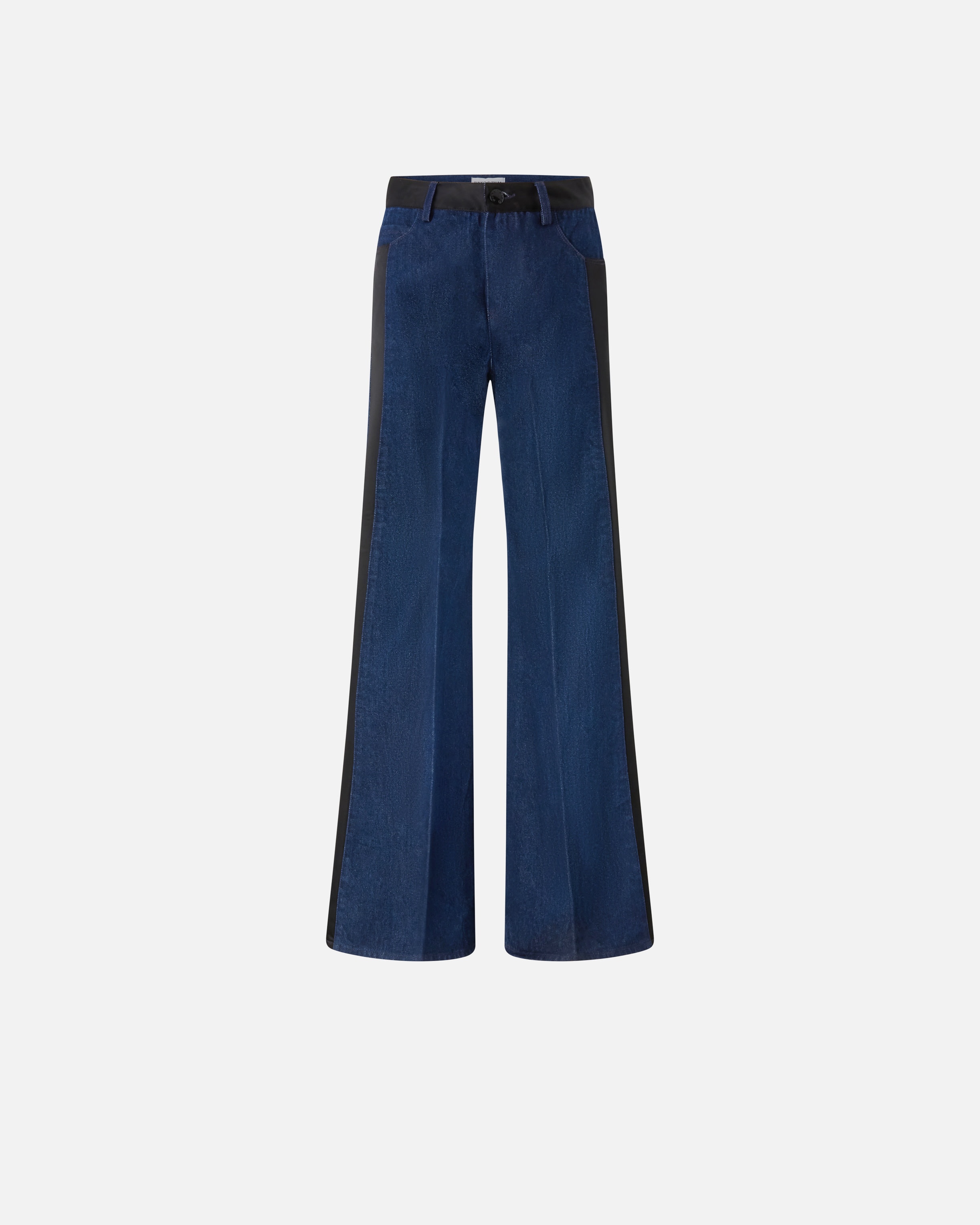 FLARED JEANS WITH SHINY BLACK SATIN DETAILS - 1