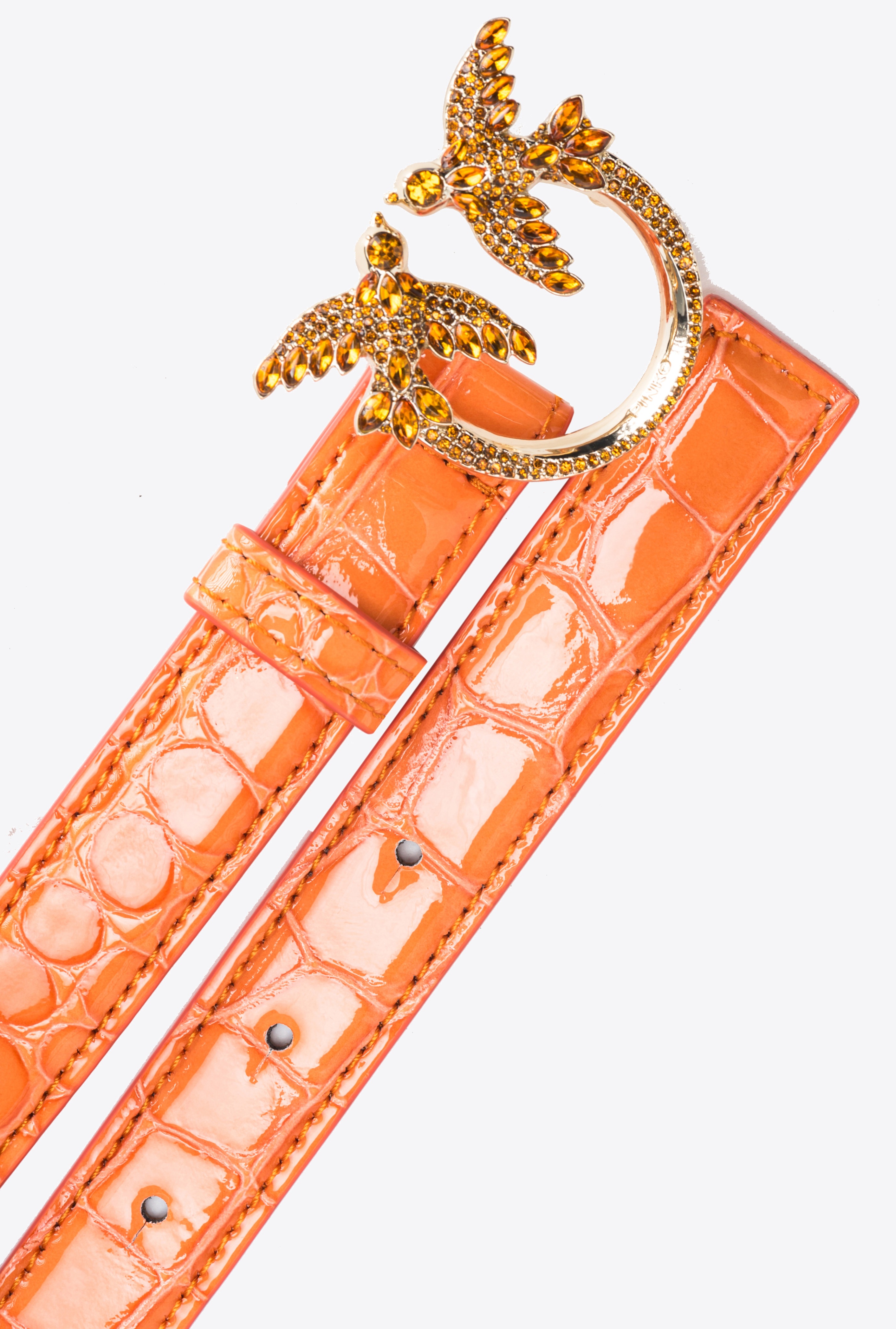 PINKO GALLERIA THIN 2CM SHINY COLOURED CROC-PRINT BELT WITH LOVE BIRDS BUCKLE - 4