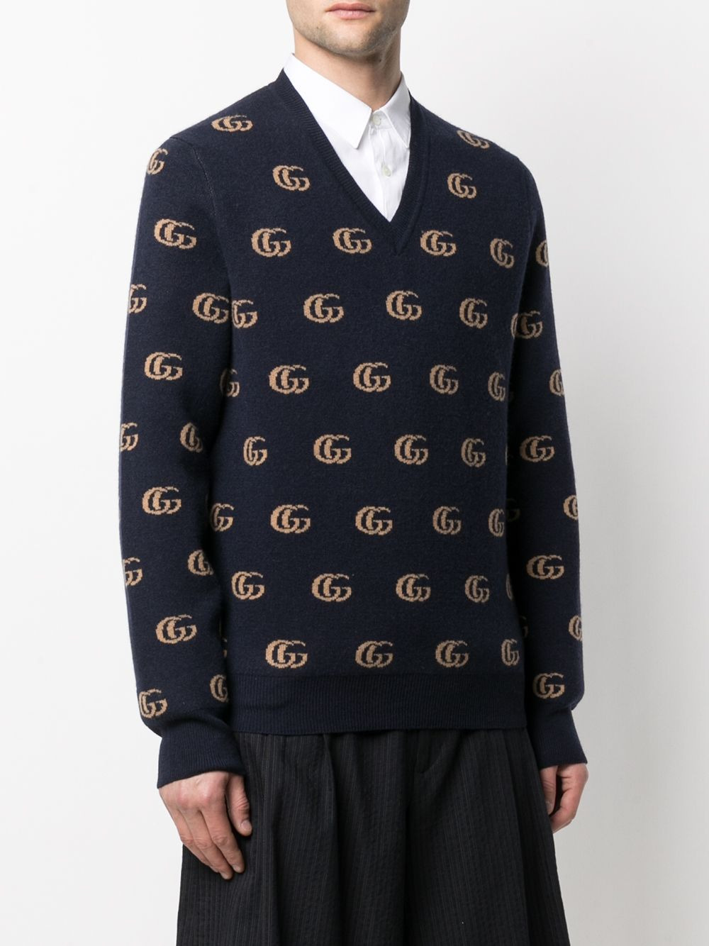 Double G jacquard wool V-neck jumper - 3