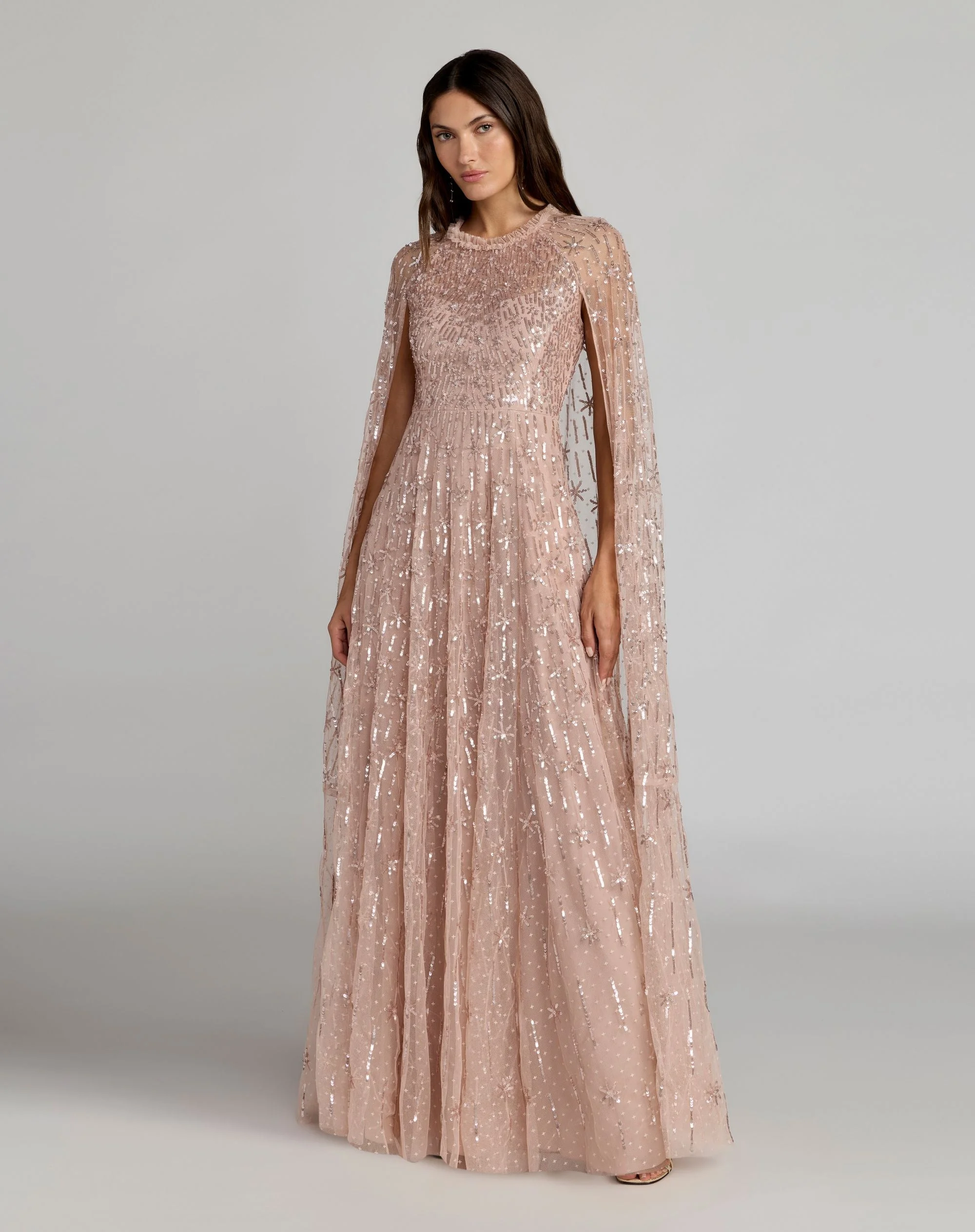 Pink Embellished High Neck Gown With Cape Sleeves - 1