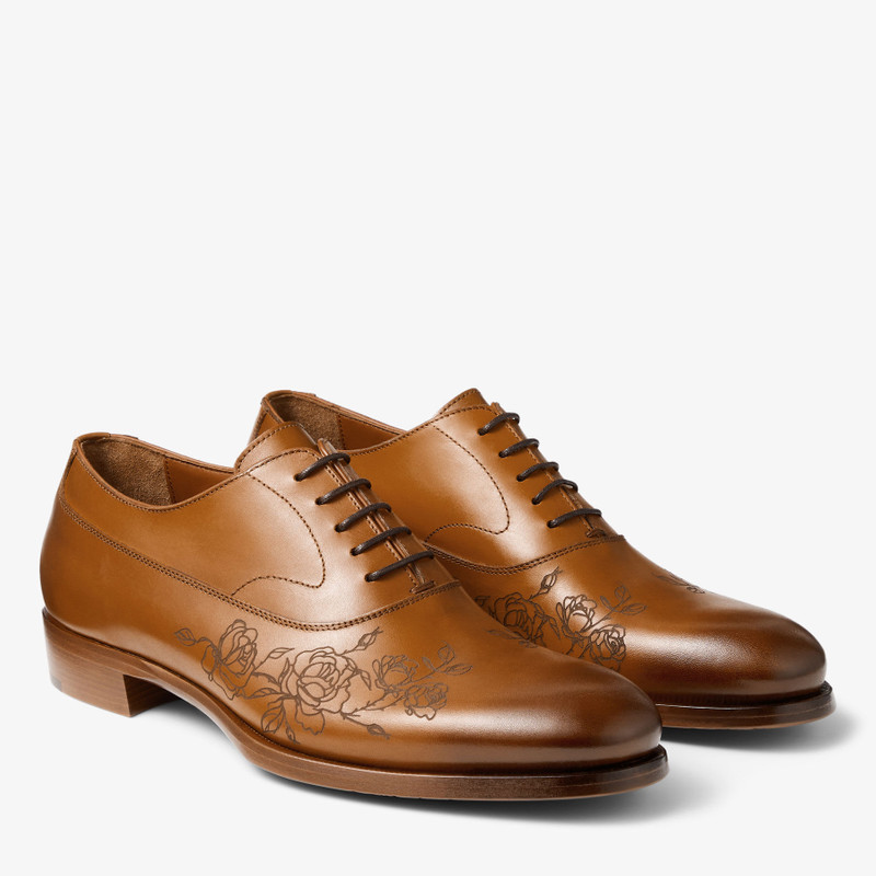 Vine Lace Up Tan Vintage Effect Leather Lace-Up Shoes with Rose Motif 2
