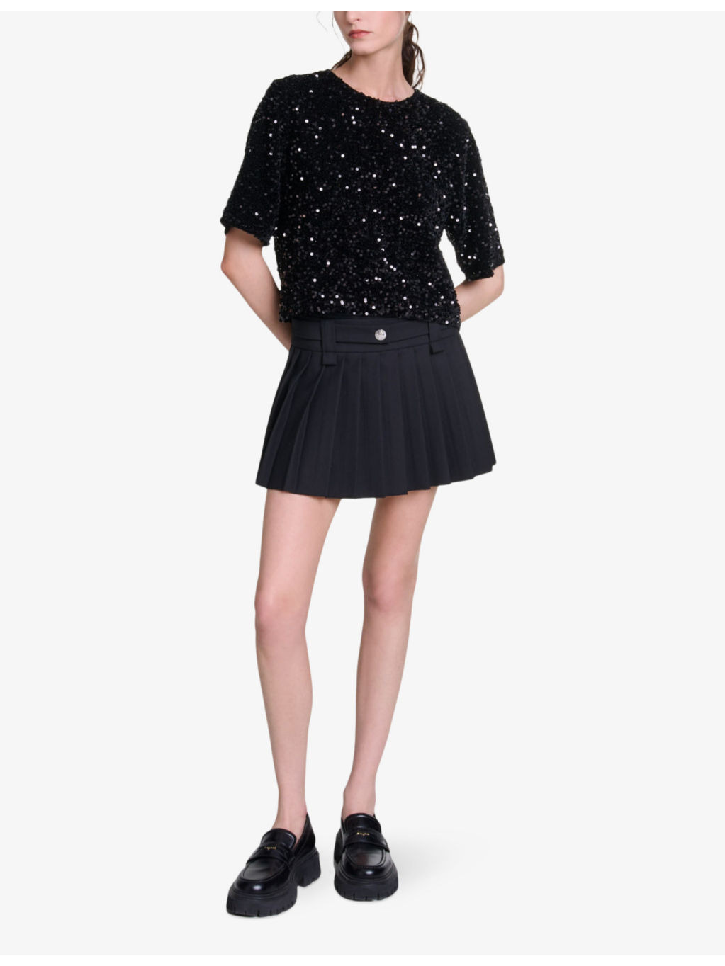 Sequin-embellished short-sleeve velvet top - 2
