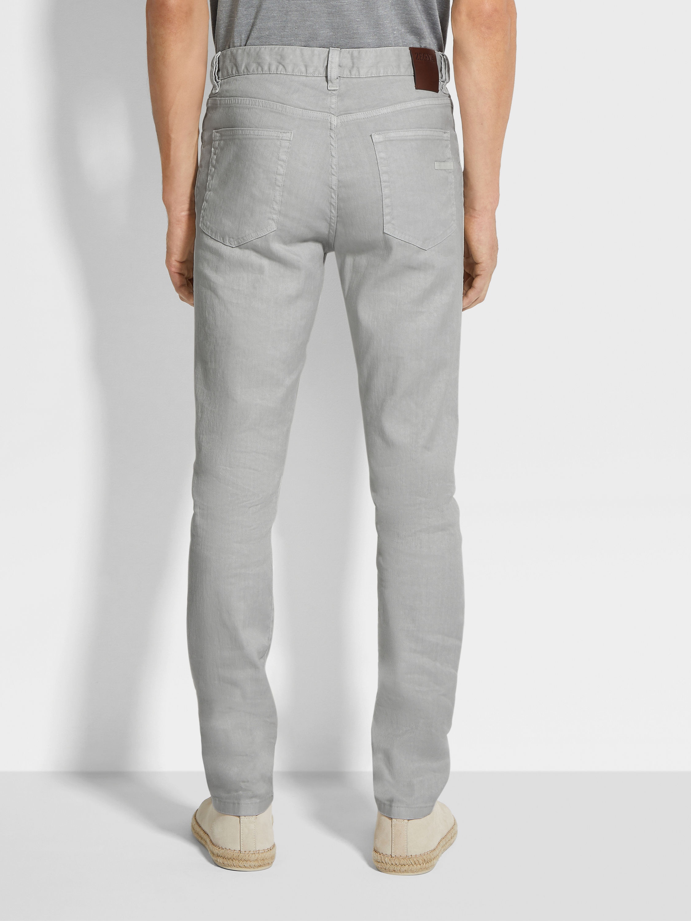 LIGHT GREY STRETCH LINEN AND COTTON ROCCIA JEANS - 5