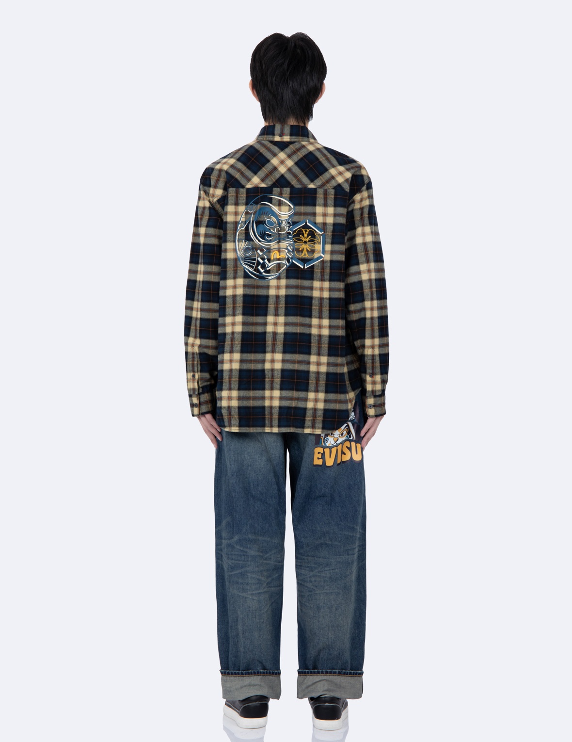 DARUMA AND KAMON PRINT CHECKED FLANNEL SHIRT - 6