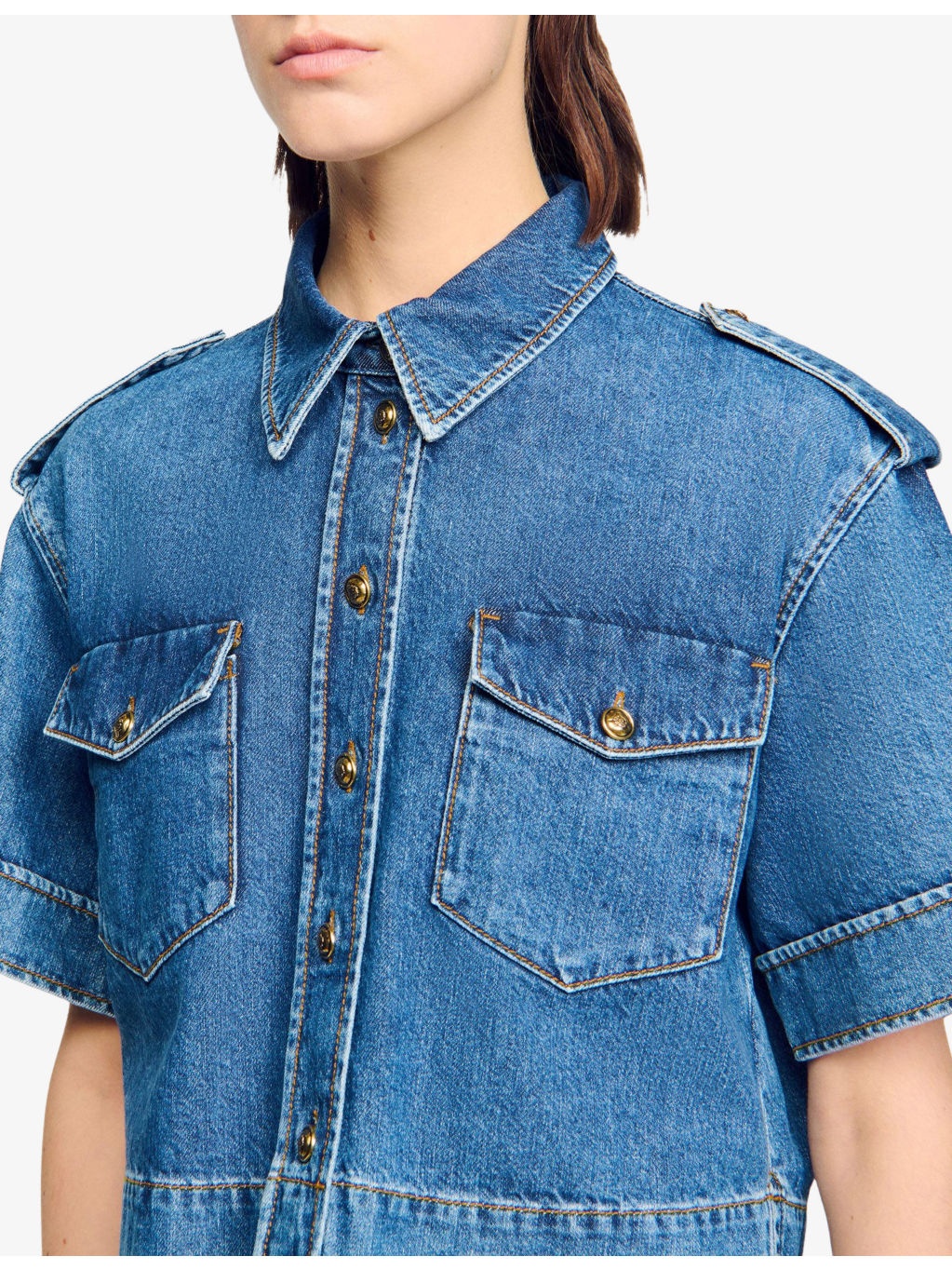 Cropped Chest-Pocket Denim Shirt - 5