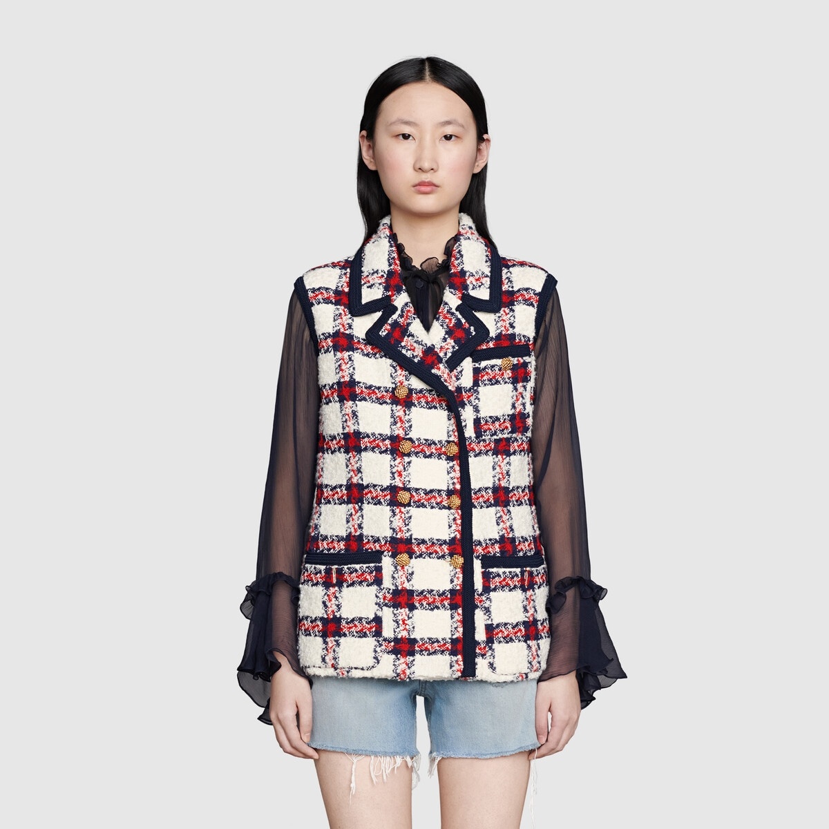 Check tweed sleeveless jacket - 3