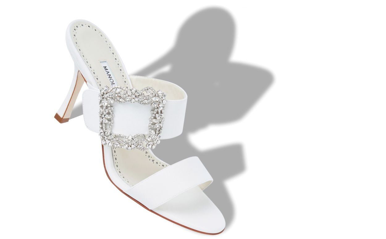 White Crepe de Chine Jewel Buckle Mules - 2