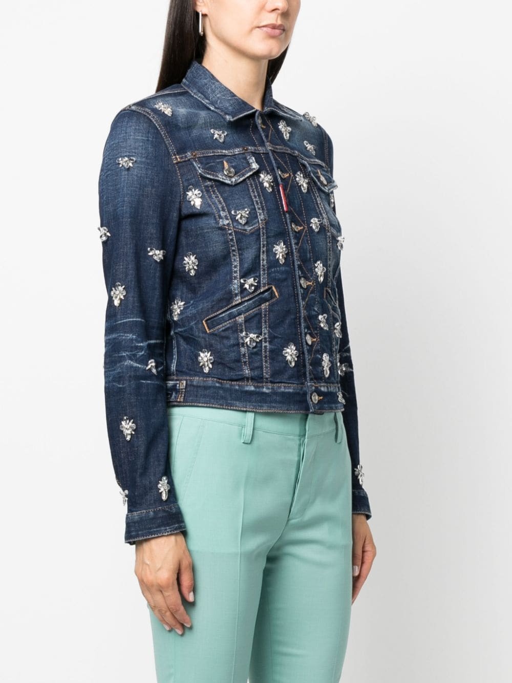 crystal-embellished cropped denim jacket - 3