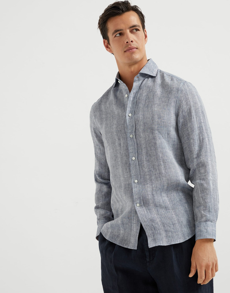 Jacquard stripe linen easy fit shirt with spread collar 1