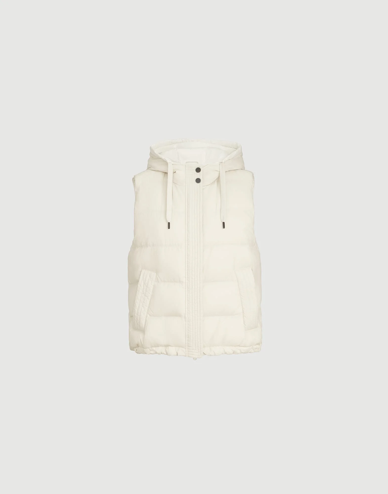 Lightweight matte nylon down vest with hood and shiny trim - 1