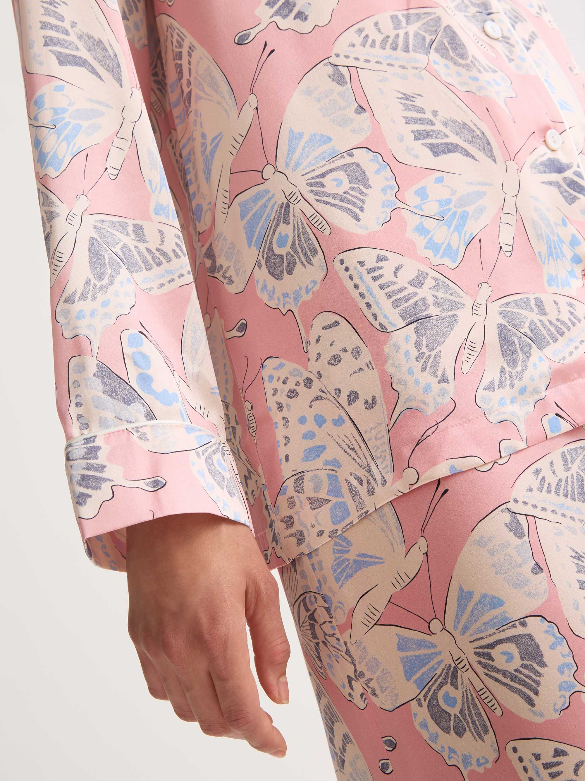 Women's Silk Pajamas Pink Multicolor Butterfly Print - 7