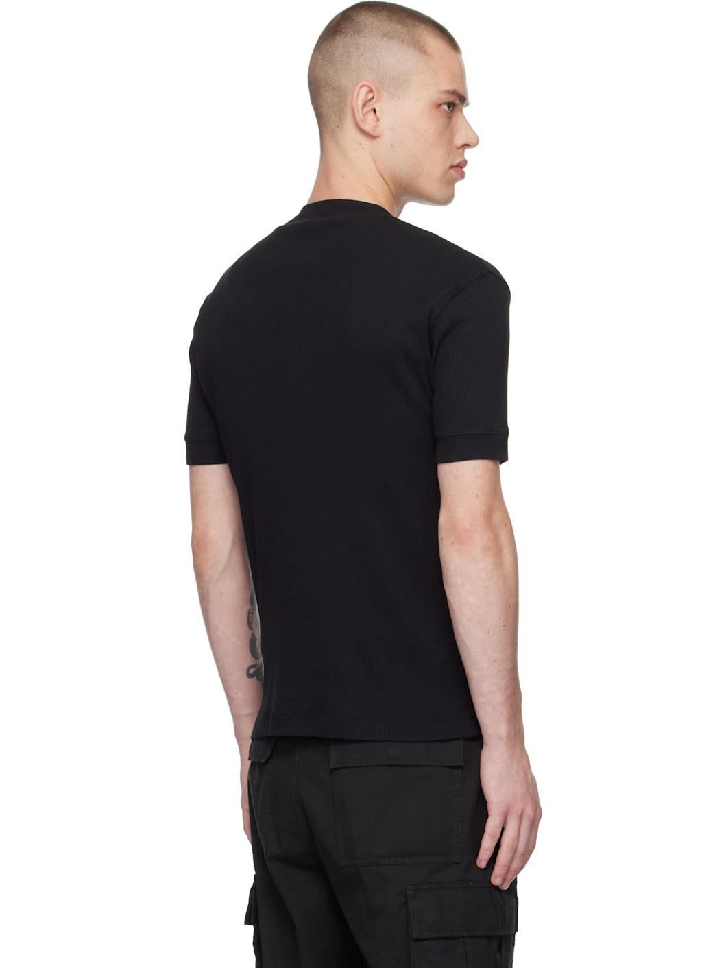 Black Cotton Modal Rib Henley - 3