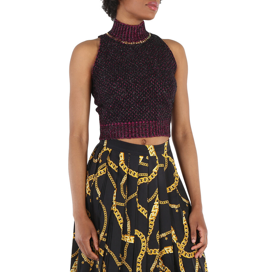 Versace Ladies Black / Multi Tweed Turtleneck Cropped Wool-blend Top - 4