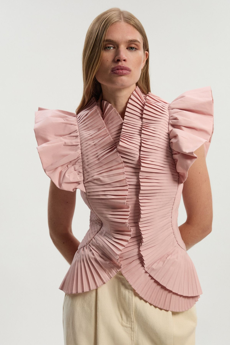Pleated Ruffle Sleeve Woven Top 1