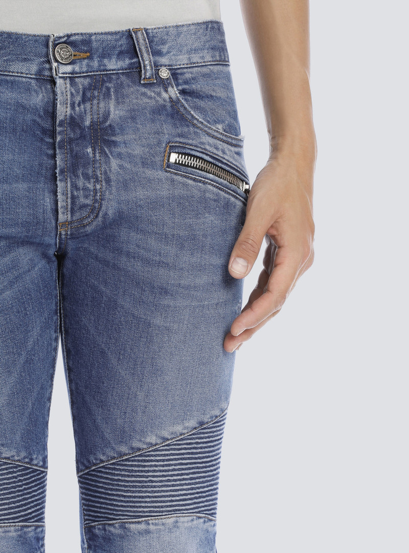 Tapered ripped 파란 면 청바지 8