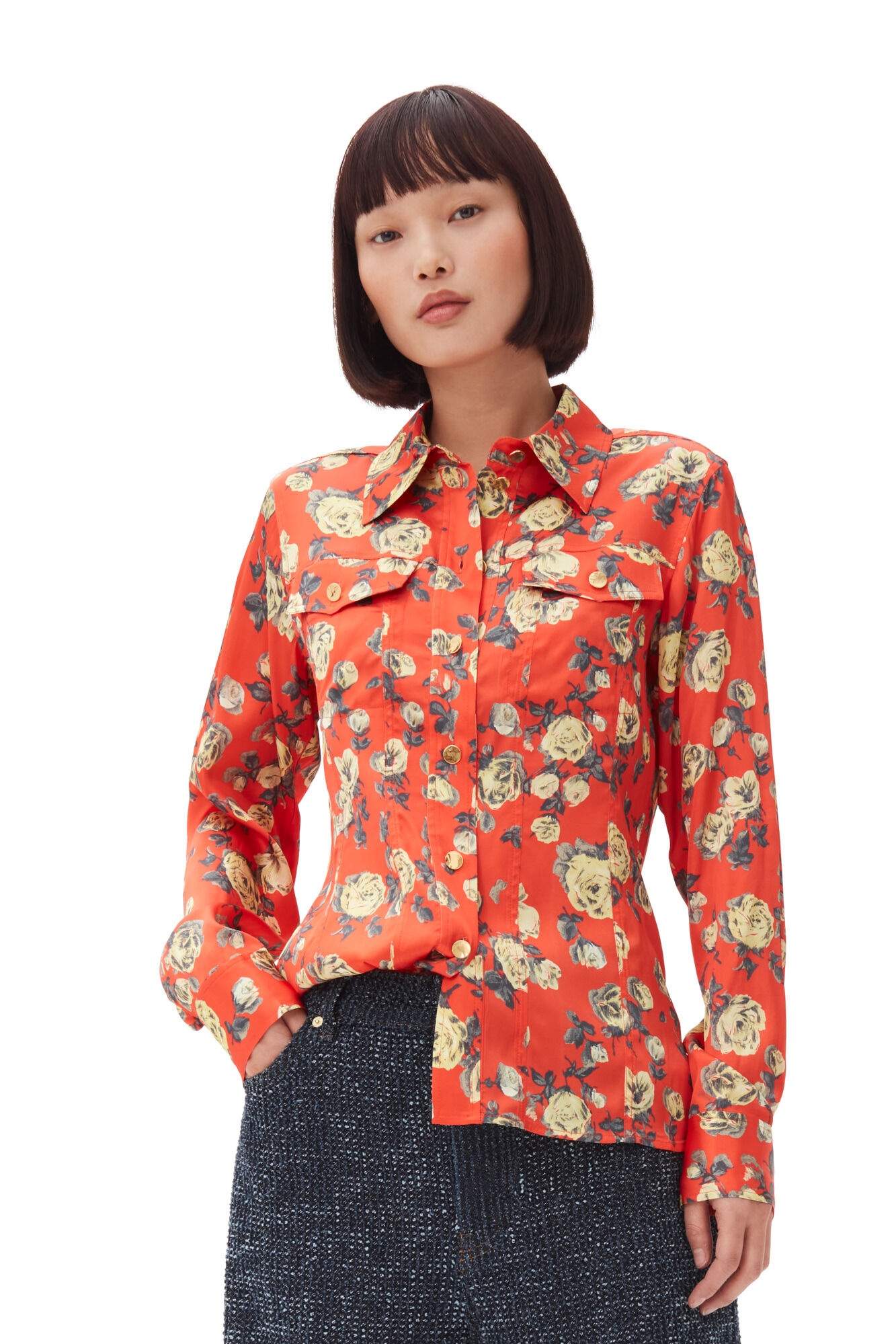 ORANGE FLORAL PRINTED SATIN SHIRT - 3