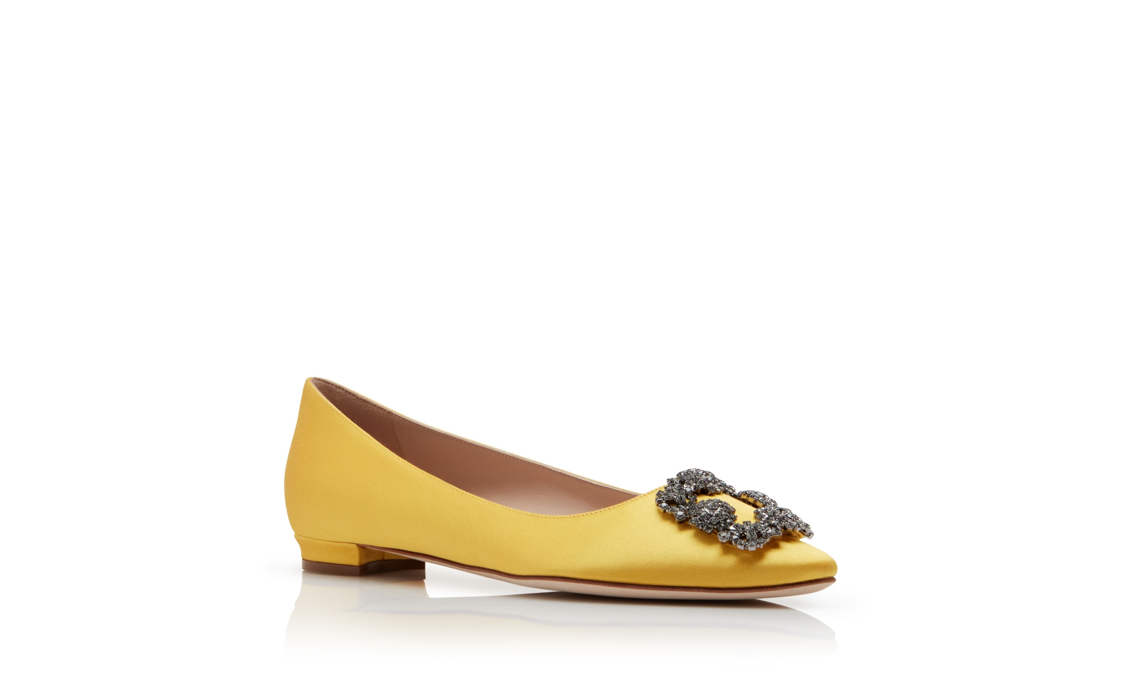 Yellow Satin Jewel Buckle Flat Shoes - 3