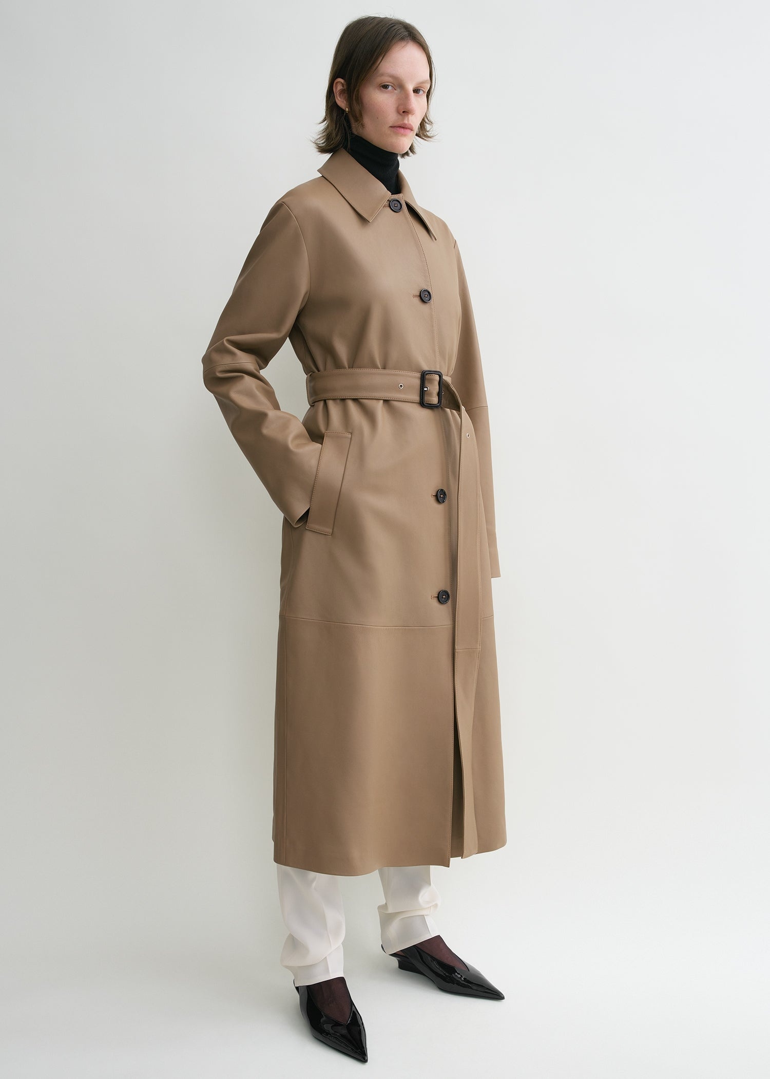 Belted leather coat truffle - 3