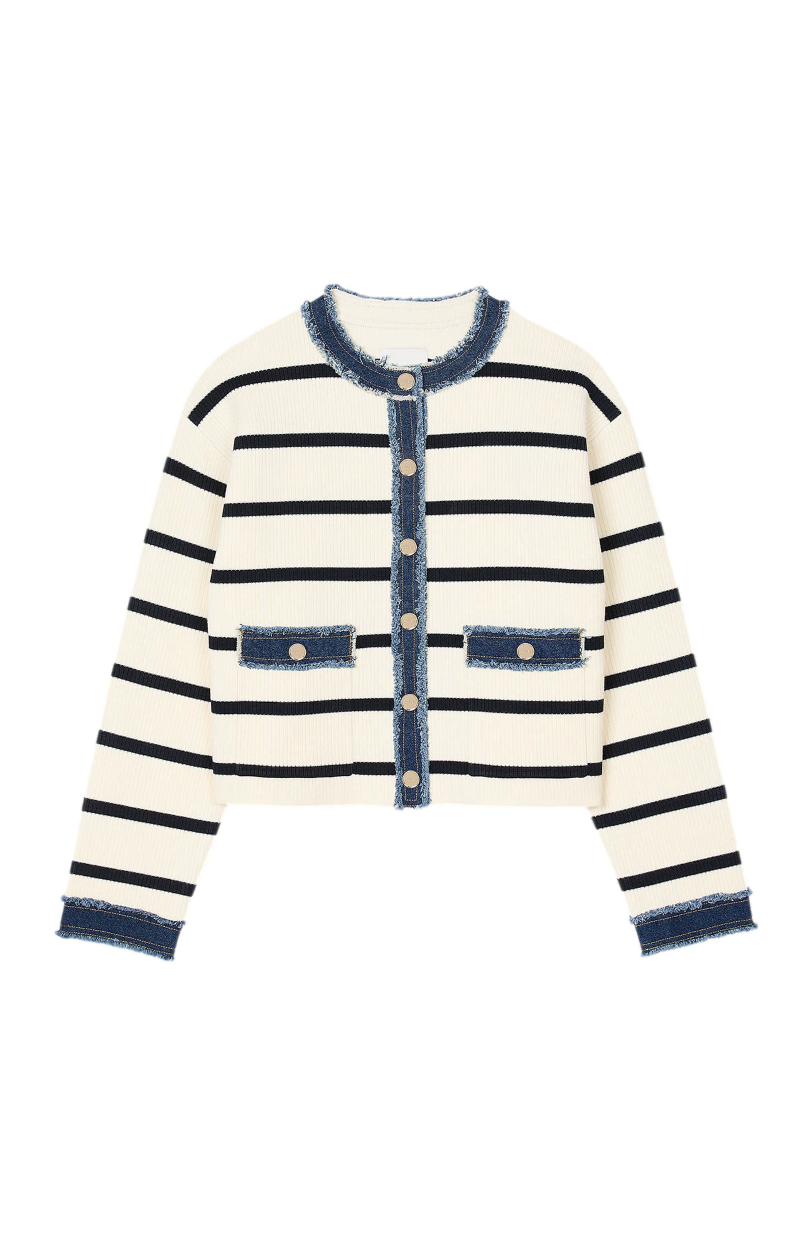 SANDRO Stripy cardigan with denim details in Ecru at Nordstrom - 5