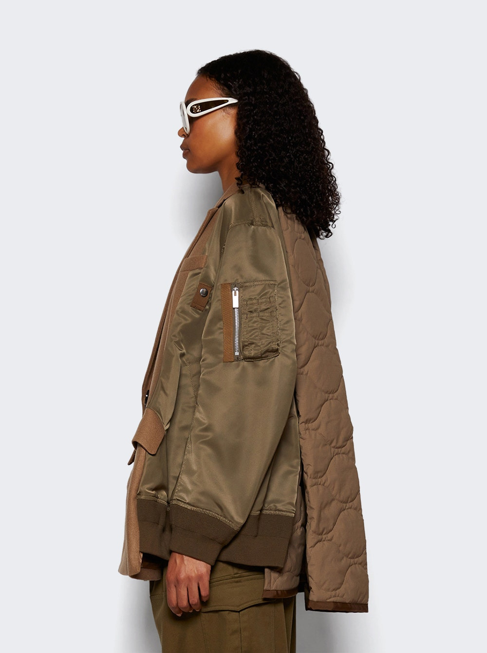 Wool Melton X Nylon Twill Quilted Coat Khaki - 4