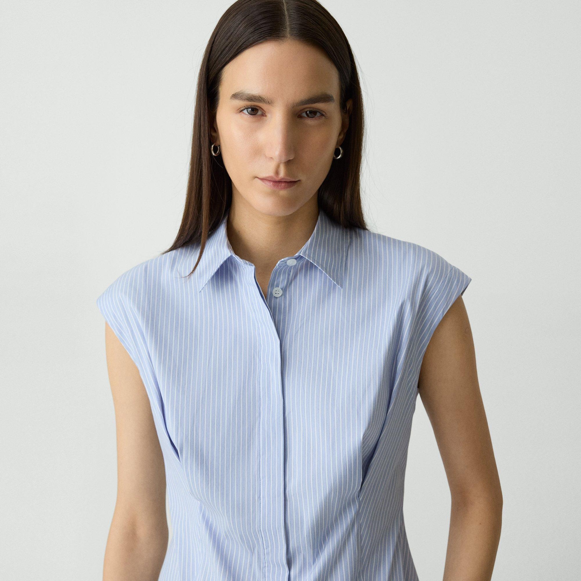 Cinched Cap-Sleeve Shirt in Striped Cotton-Blend - 5