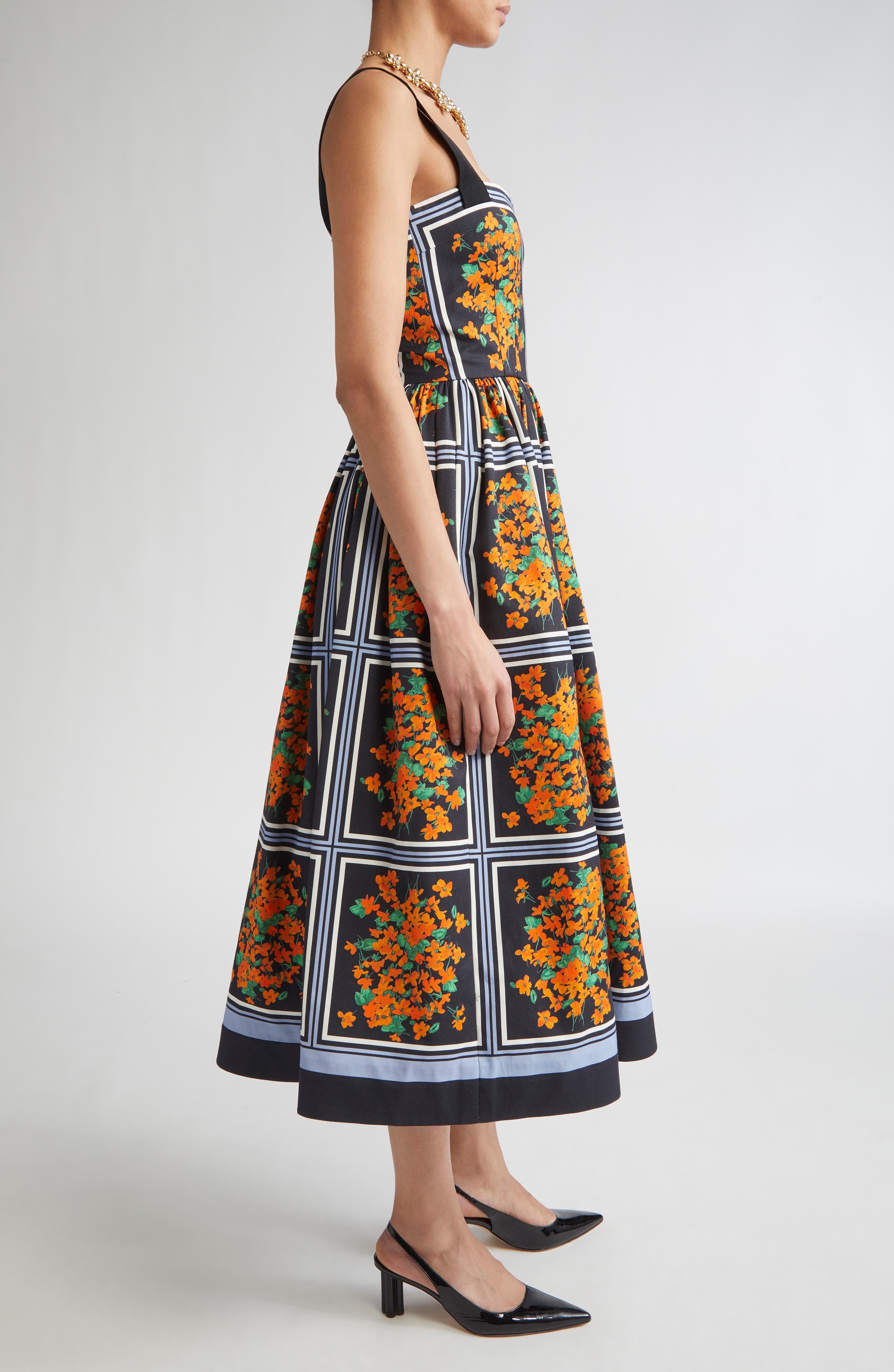 Carolina Herrera Thick Strap Faille Midi Dress in Black Multi at Nordstrom - 3