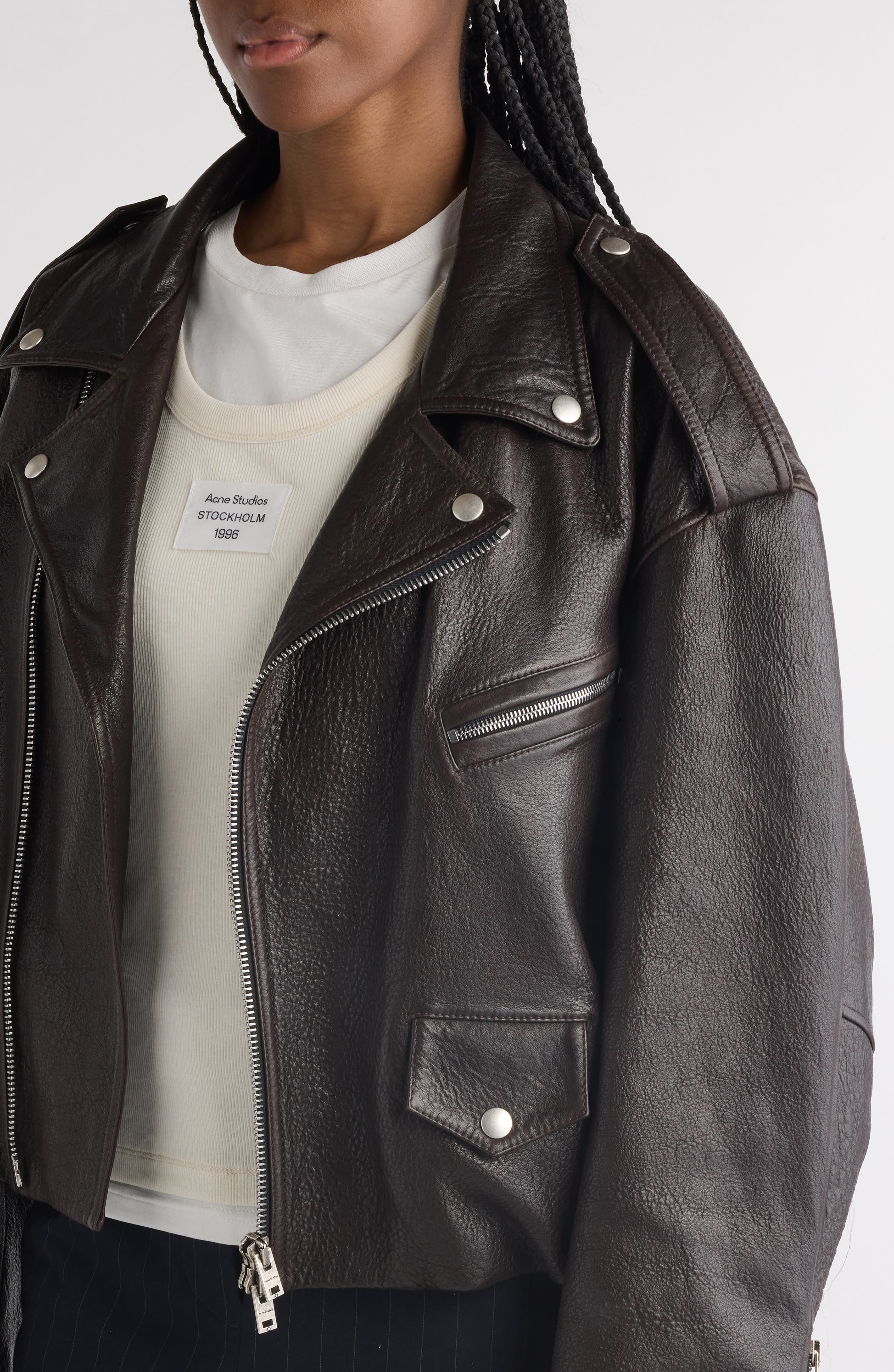 Acne Studios Liso Leather Crop Moto Jacket in Dark Brown at Nordstrom - 5