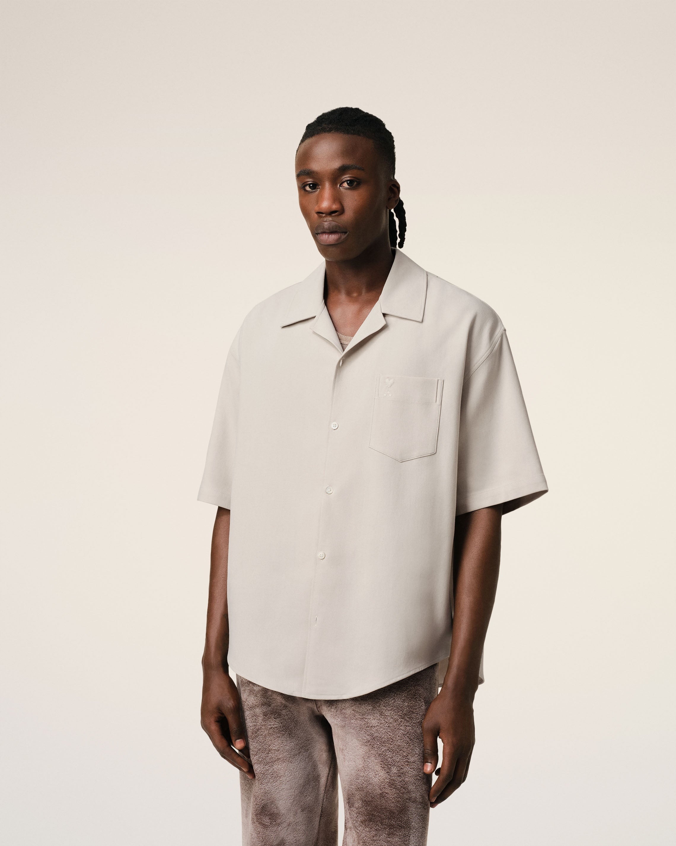 BEIGE COTTON CAMP COLLAR SHORT SLEEVES SHIRT - 3