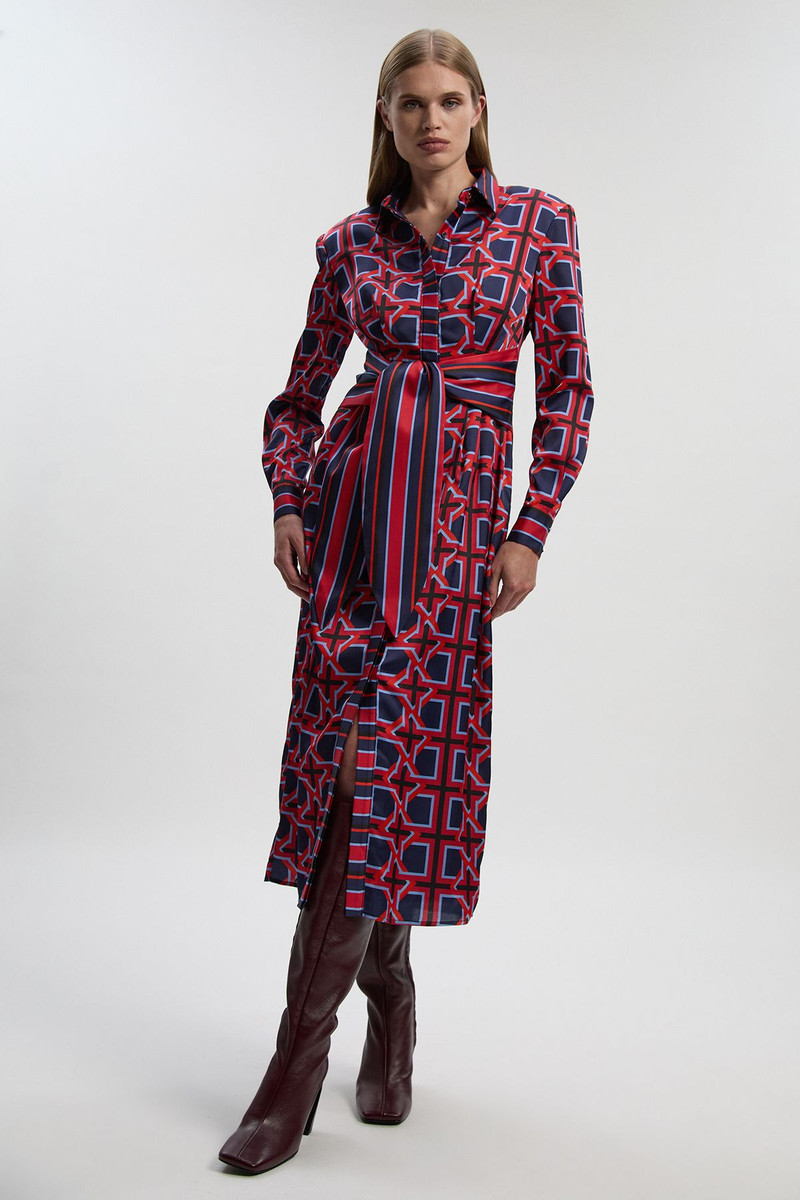 Geo Print Hammered Satin Tie Waist Woven Midi Dress 1