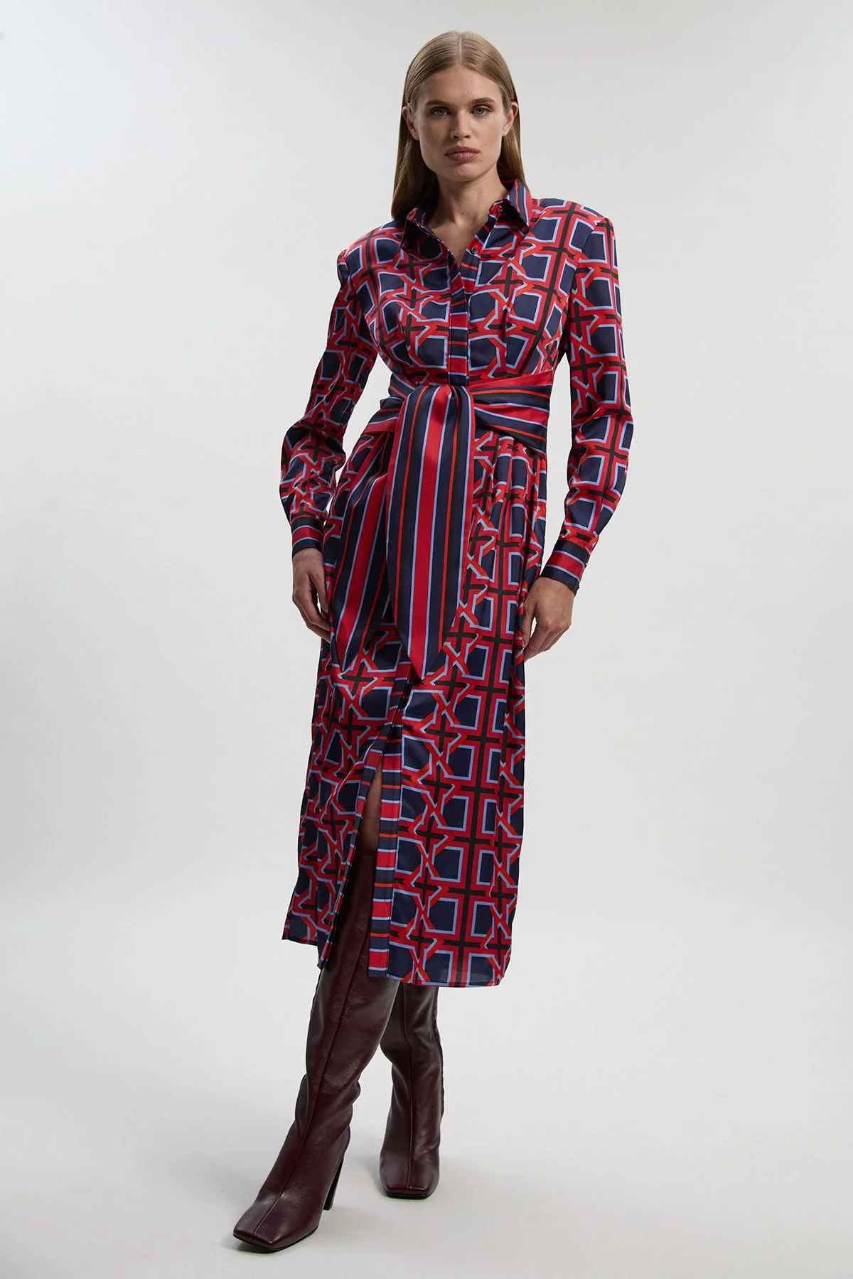 Geo Print Hammered Satin Tie Waist Woven Midi Dress - 1