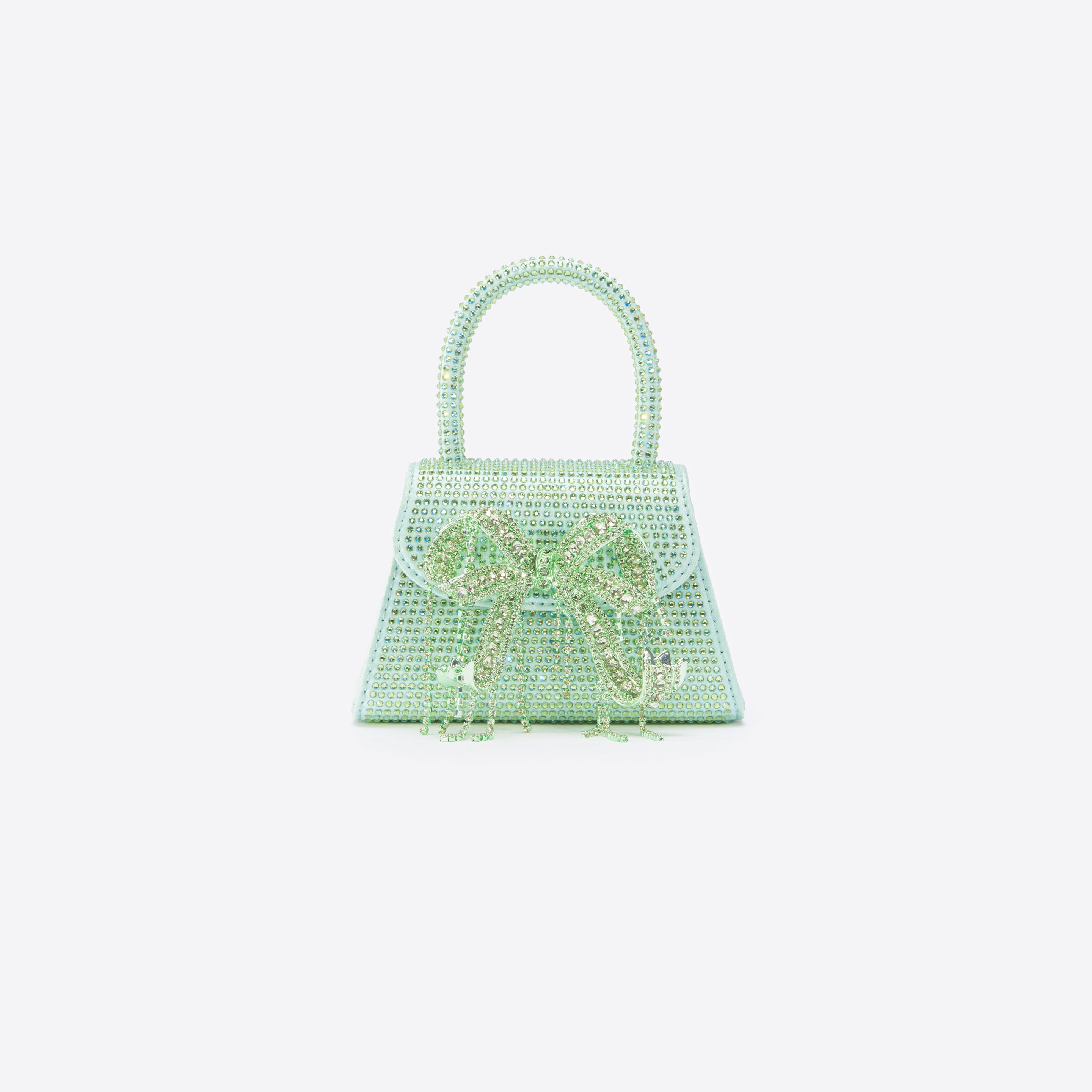 Green Satin Rhinestone Micro Bow Bag - 1