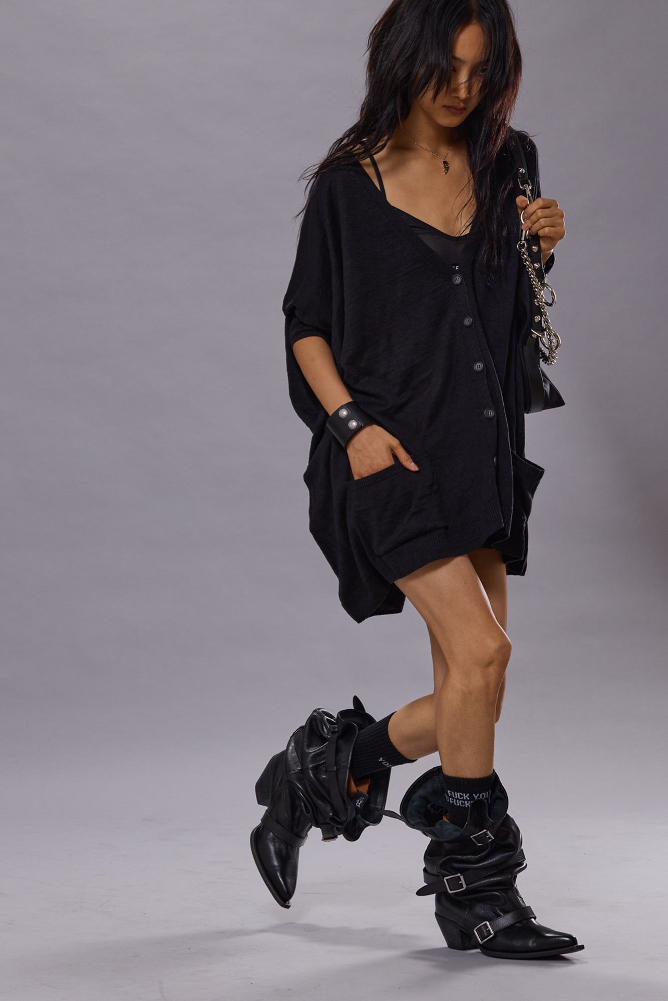 BOXY CARDIGAN DRESS - BLACK - R13 - 1