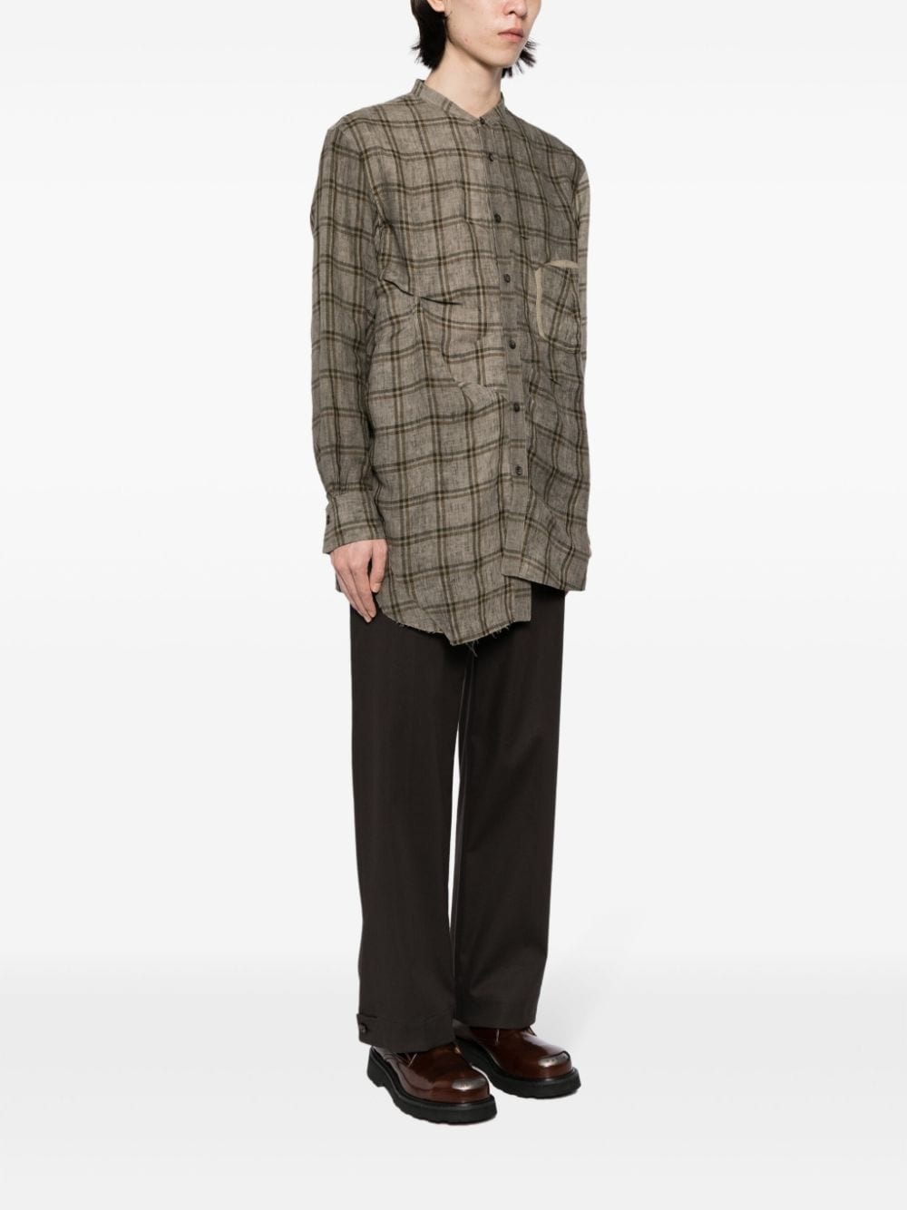 check-pattern panelled linen shirt - 3
