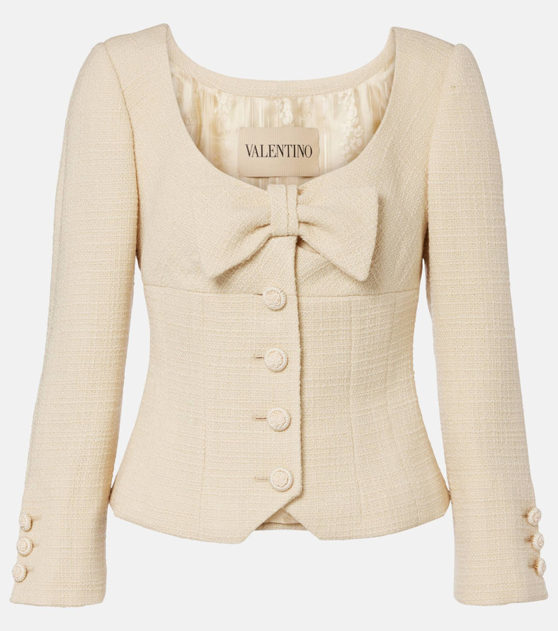 Bow-detail cropped wool-blend tweed jacket 1