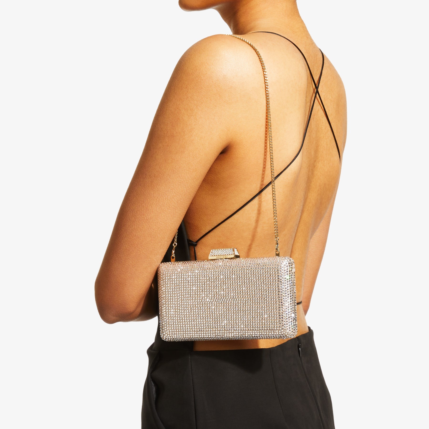 JIMMY CHOO Clemmie Honey Gold Suede Clutch Bag with Crystals