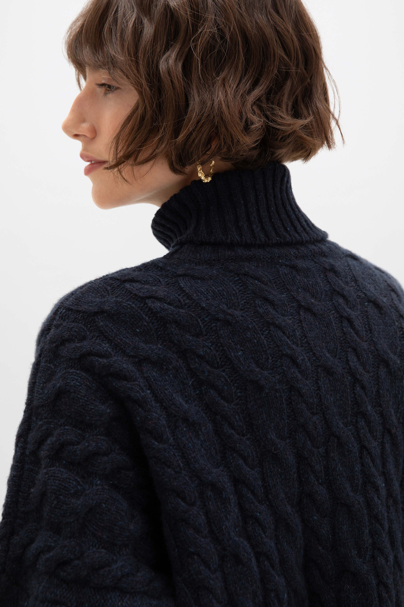 Donegal Cable Knit Cashmere Navy Roll Neck Jumper 3