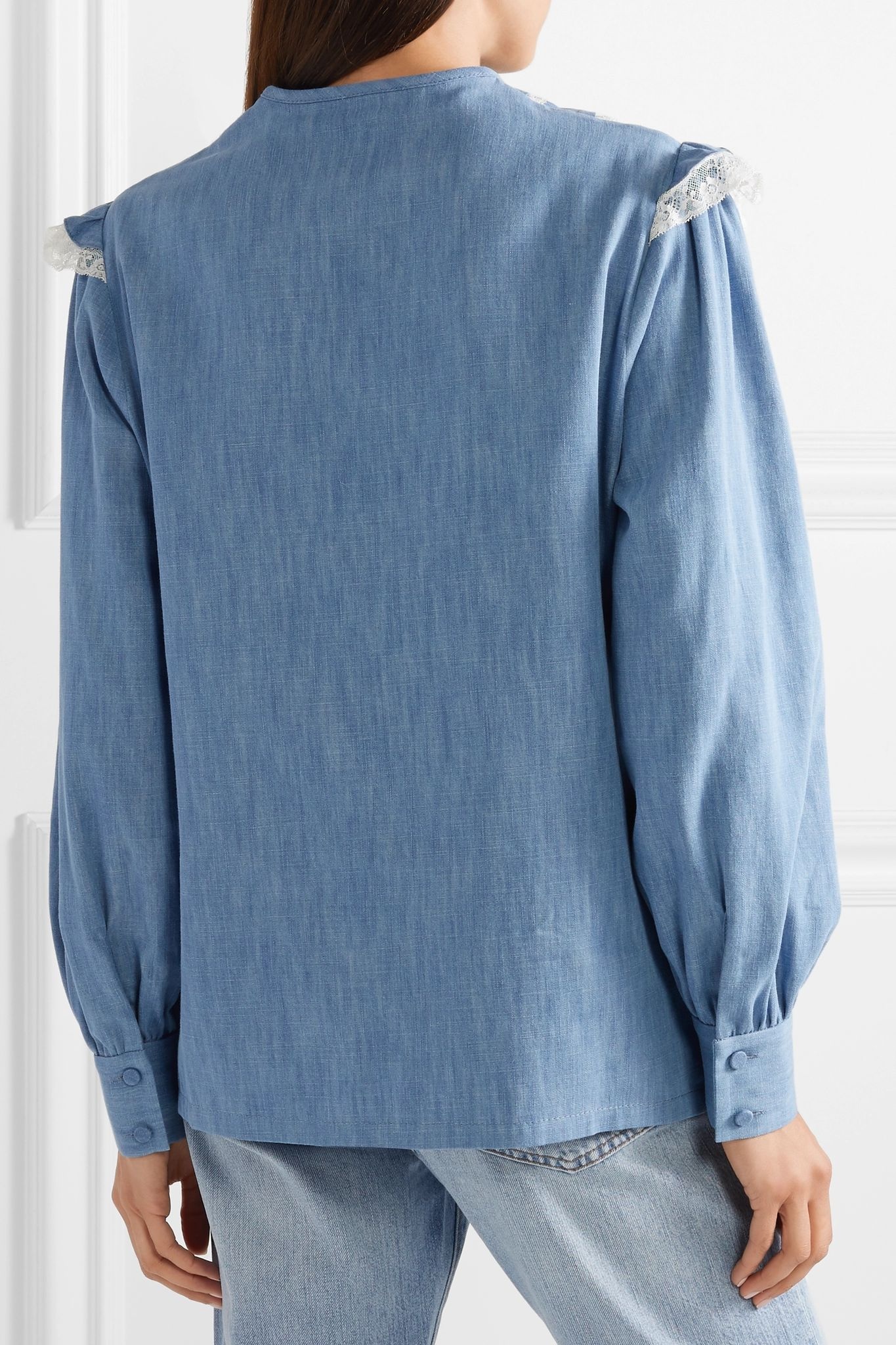 Lace-trimmed cotton-chambray shirt - 4