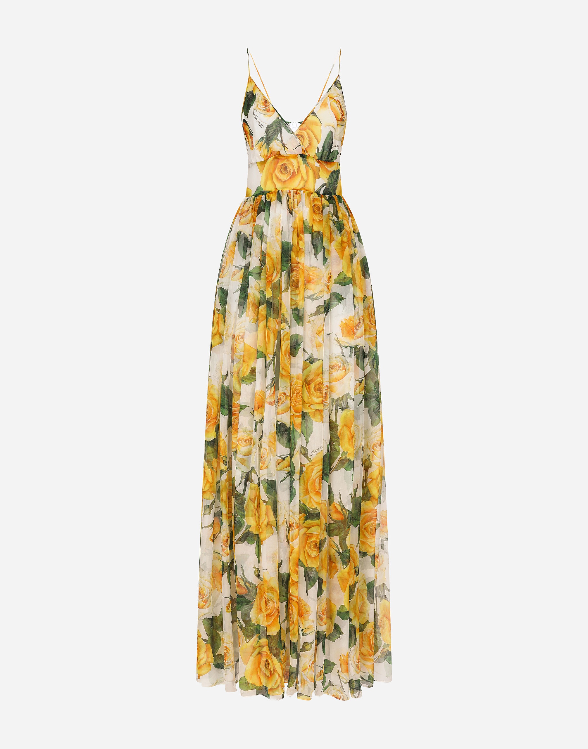 Long silk chiffon dress with yellow rose print - 1