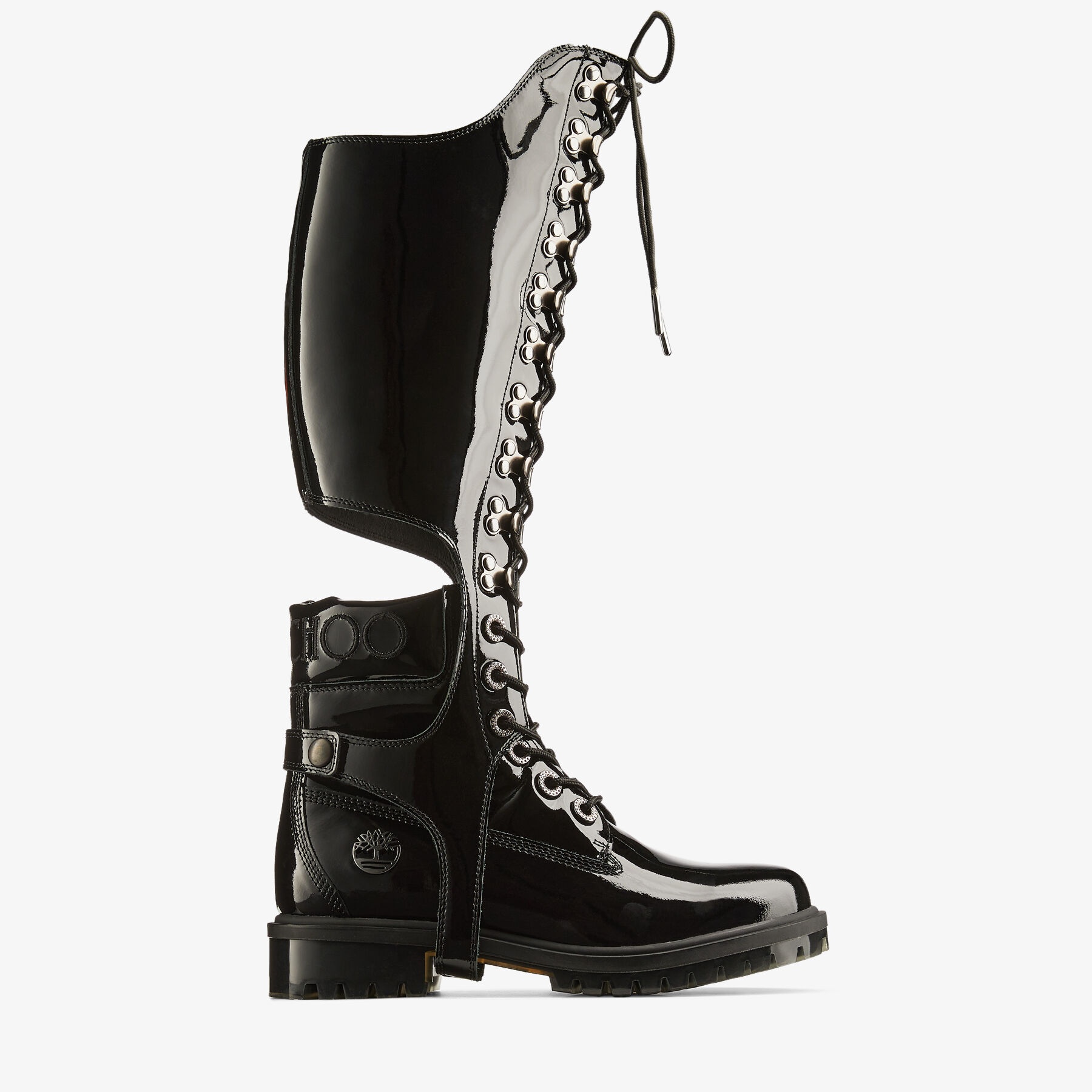 JIMMY CHOO X TIMBERLAND PATENT LEATHER HARNESS BOOT
Black Timberland Patent Knee High Boots with Det - 3