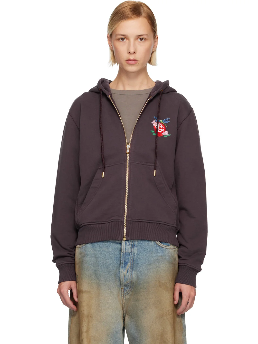 Purple Dragonfly Floral Embroidered Full Zip Hoodie - 1