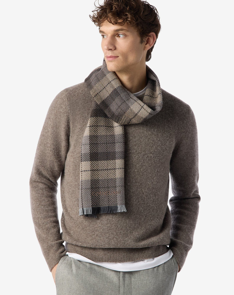 CORNELIANI Taupe pure wool scarf with maxi checks outlook