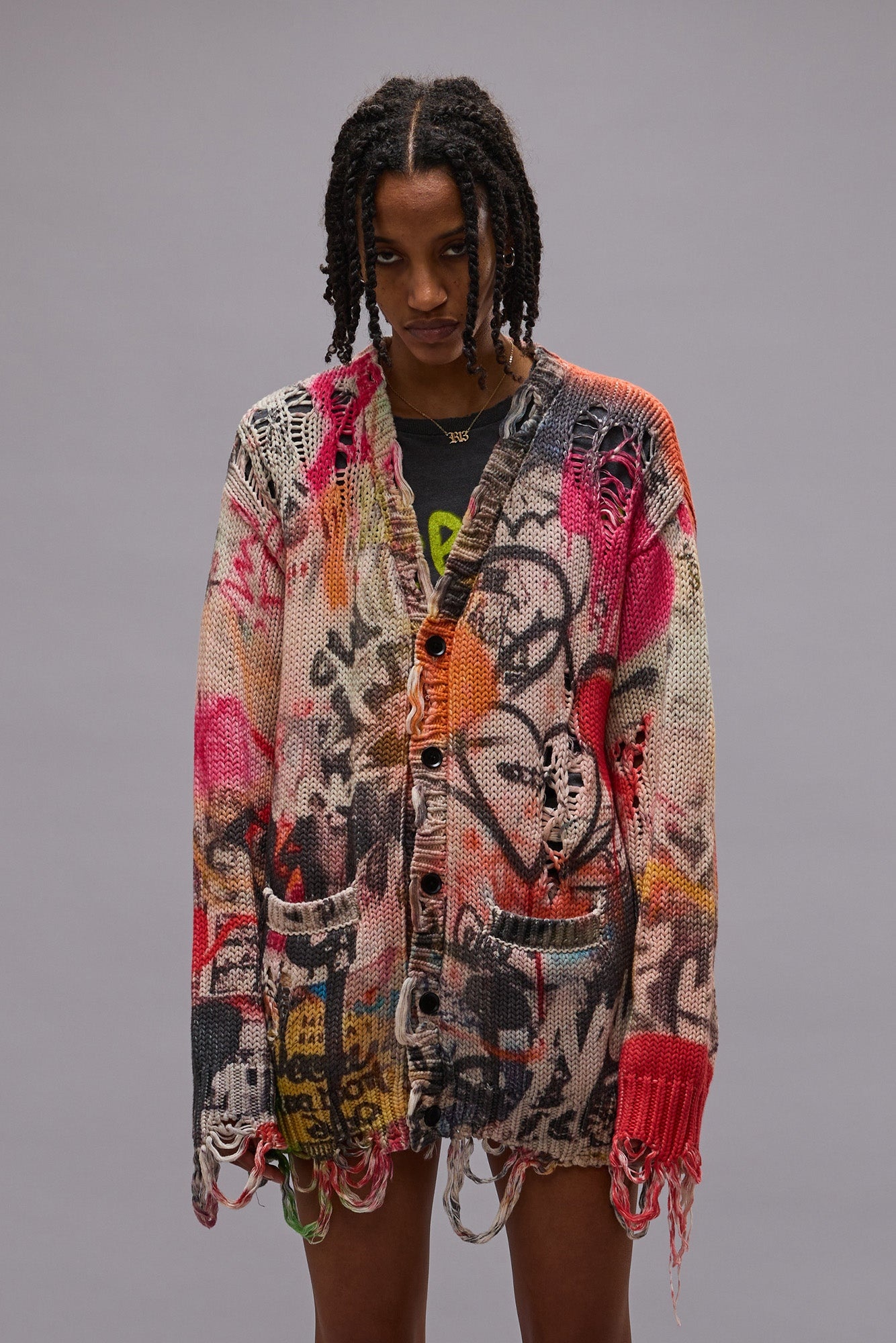 PRINTED BOYFRIEND CARDIGAN - HEART GRAFFITI PRINT - R13 - 4
