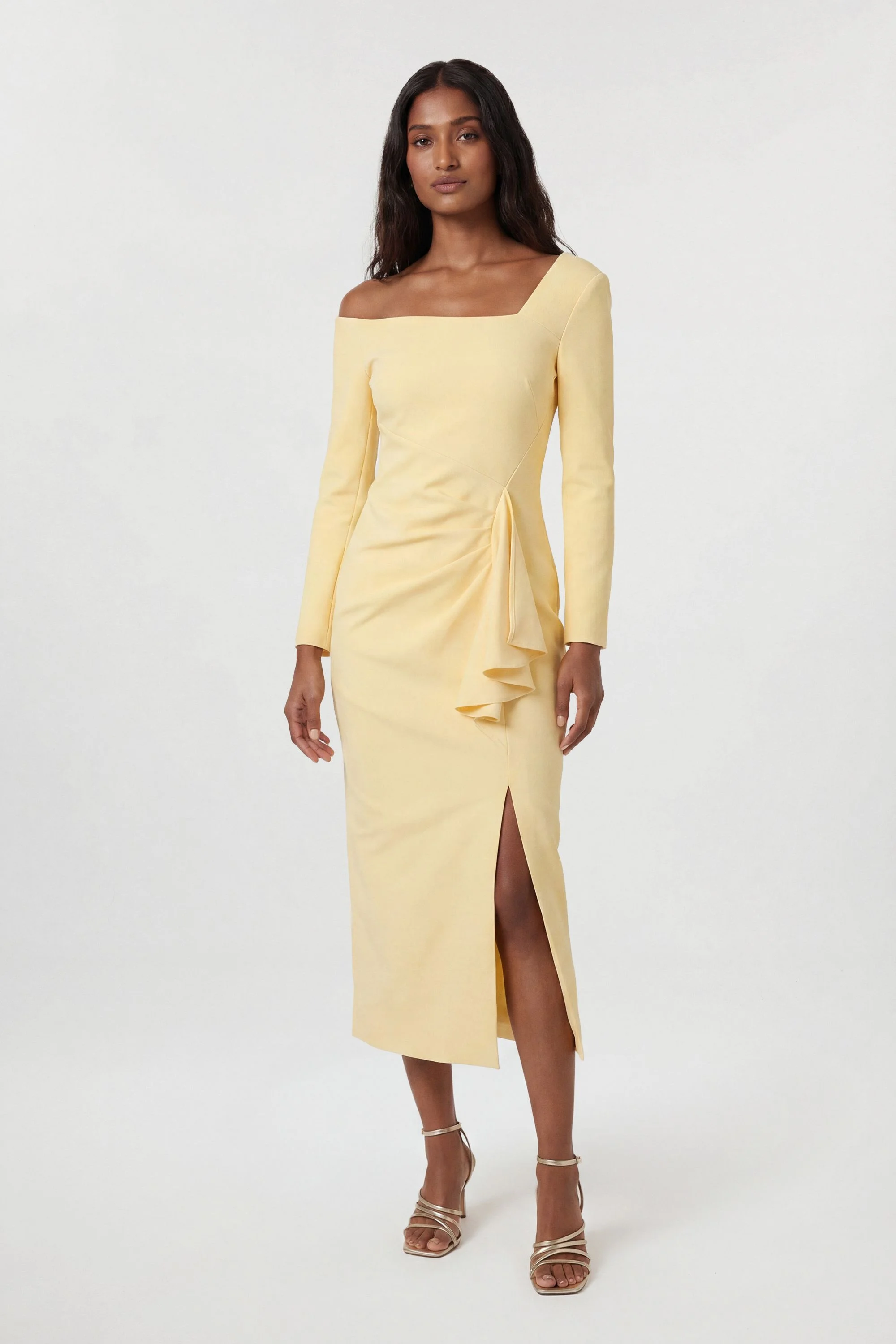 Compact Stretch Asymmetric Neckline Draped Midi Dress - 1