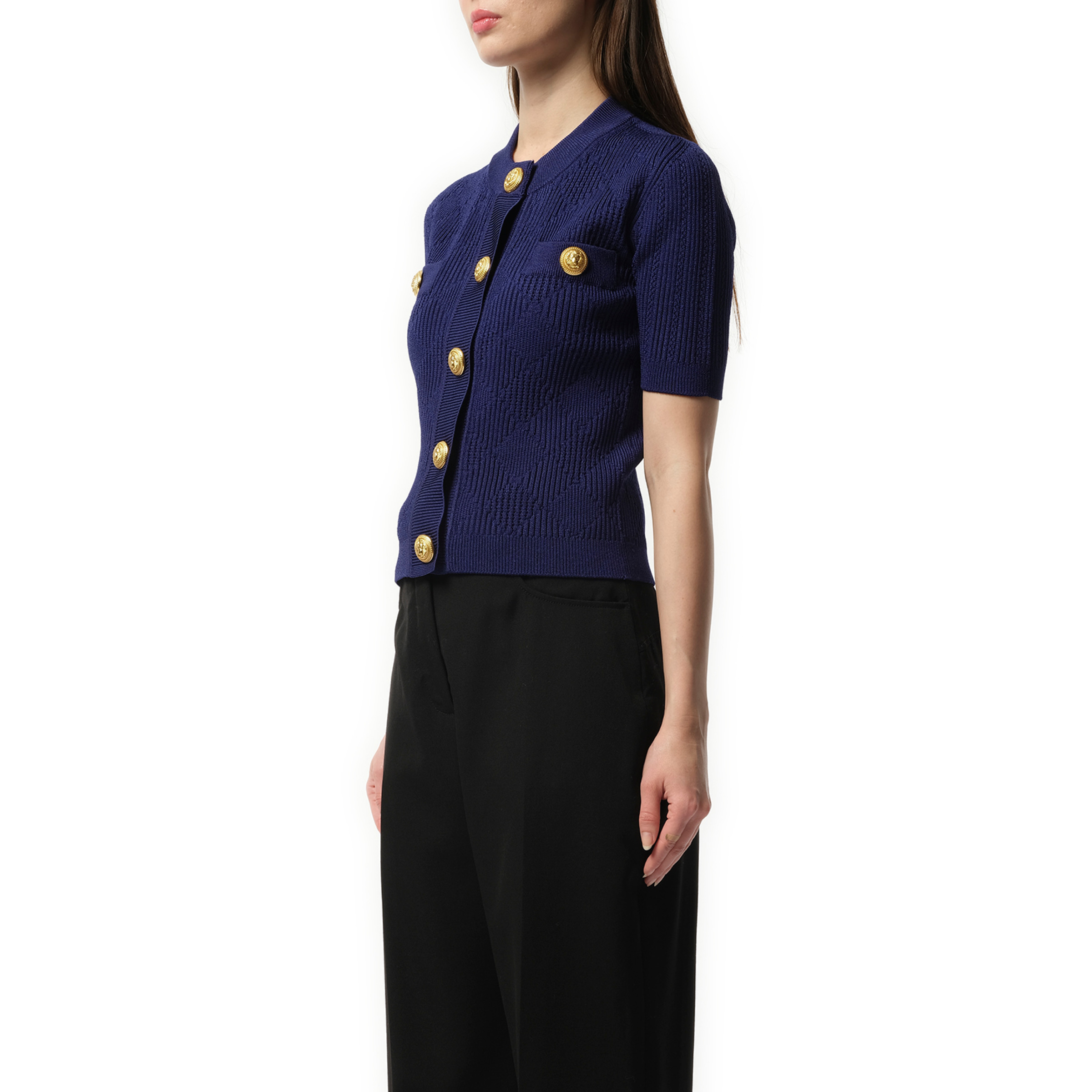 Buttoned 2 Pockets Vichy Knit Cardigan in Midnight Blue - 5