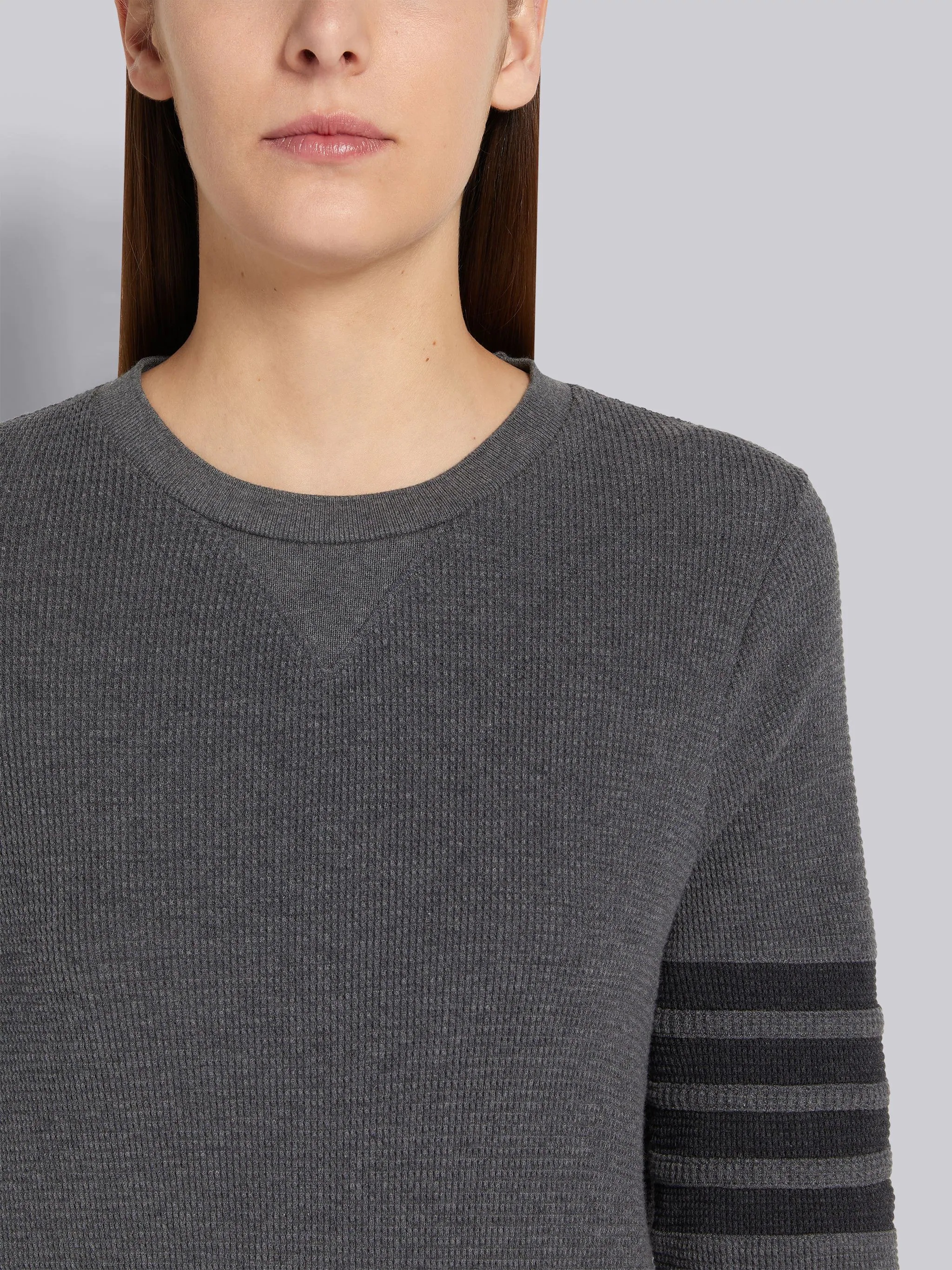 Dark Grey Compact Waffle Seamed in 4-Bar Tie Waist Long Sleeve Knee Length Dress - 4