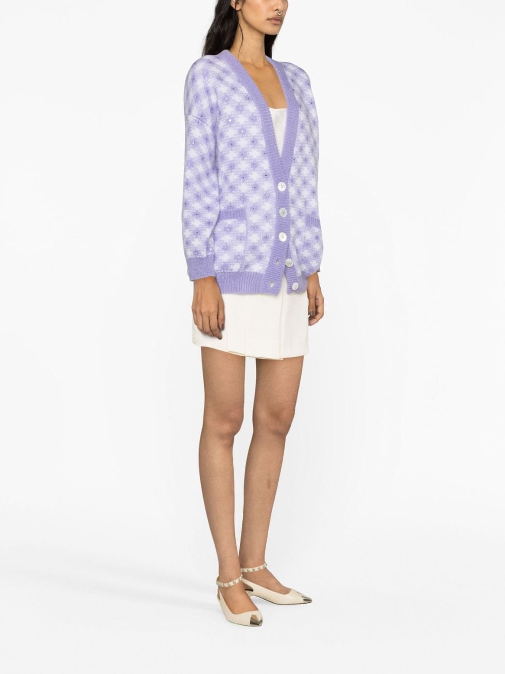 vichy-intarsia crystal-embellished cardigan - 4